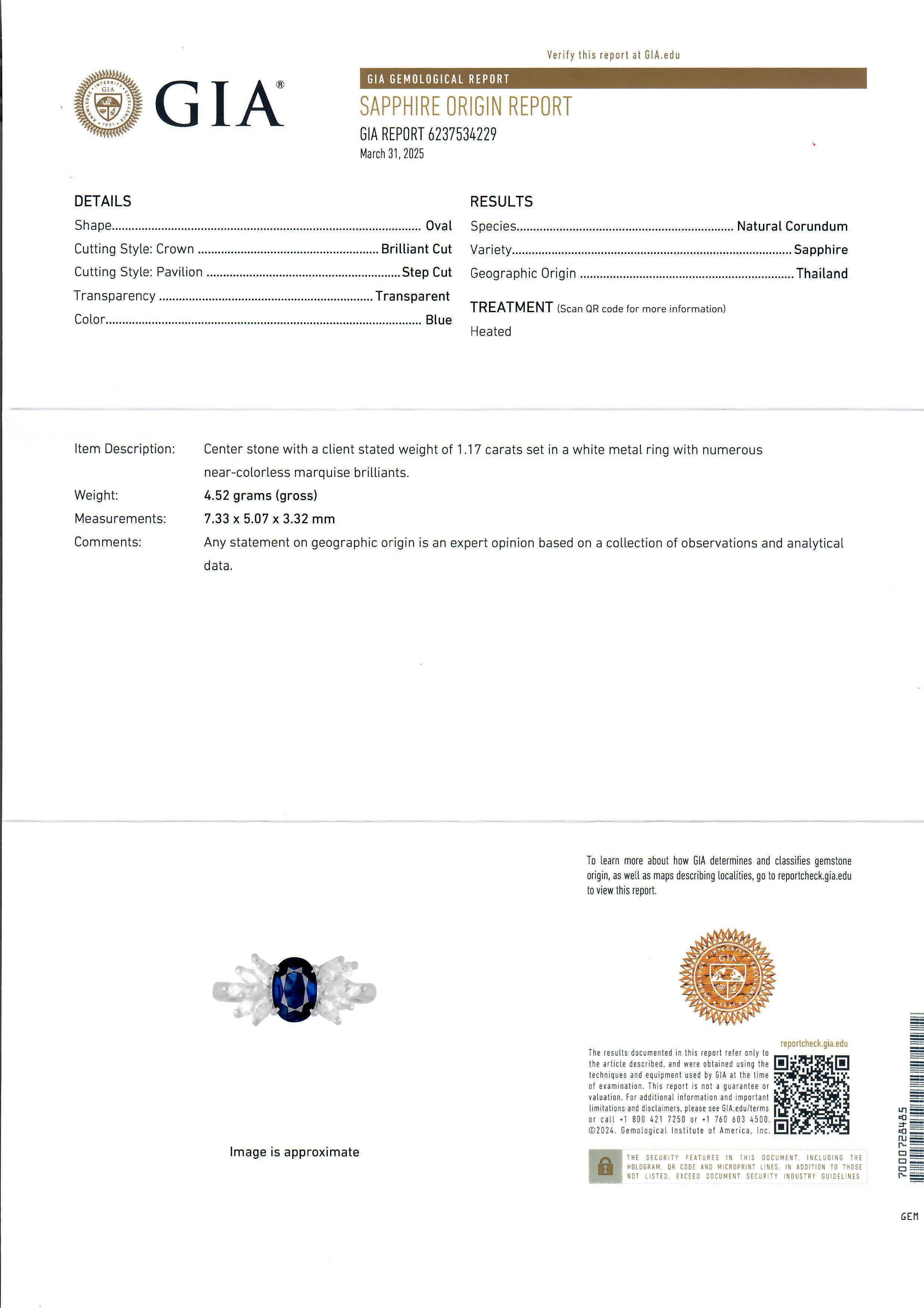 Bague d'appoint en platine avec saphir bleu roi ovale et diamants marquises de 1,7 carat certifiés GIA en vente 3