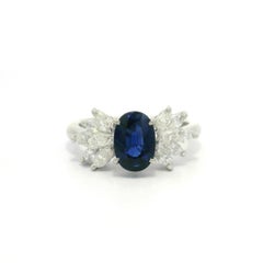 Platinum GIA 1.7ct Oval Royal Blue Sapphire Marquise Diamond Spray Sides Ring