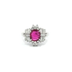 Platinum GIA 1.86ctw Clean Cushion No Heat Ruby w/ Baguette & Round Diamond Ring