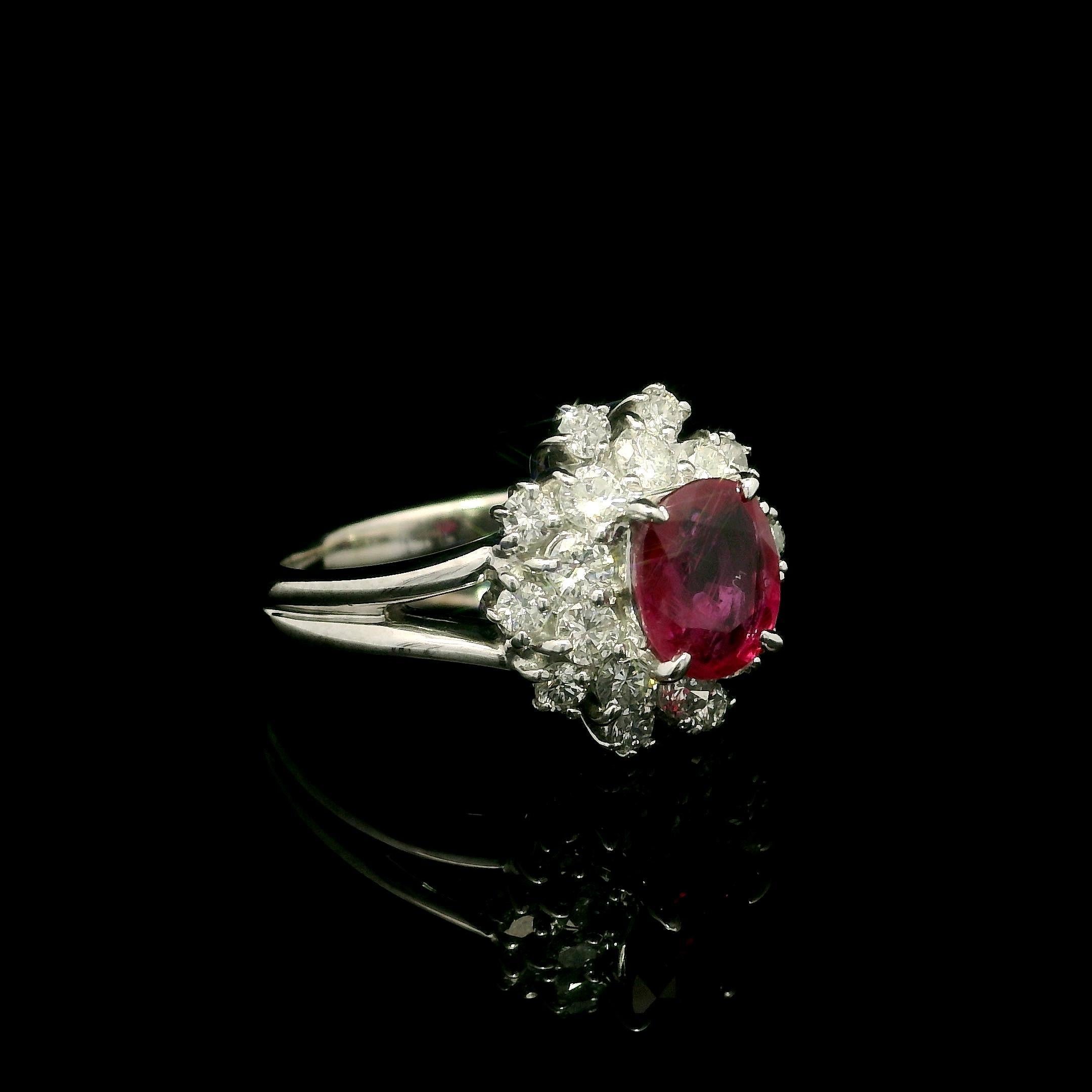 Platinum GIA 1.91ctw Oval Ruby w/ Diamond Double Halo Cocktail Ring For Sale 7