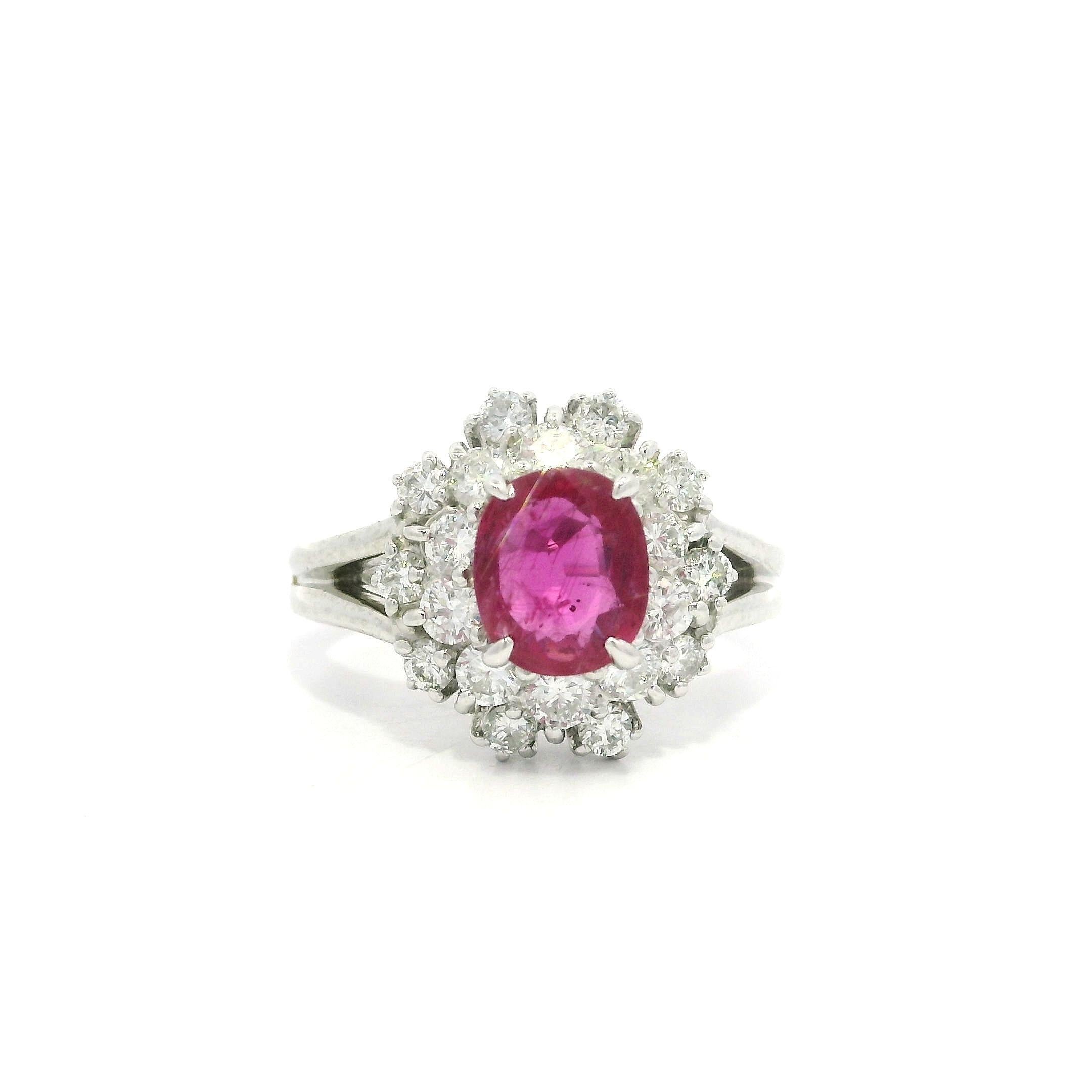 Platinum GIA 1.91ctw Oval Ruby w/ Diamond Double Halo Cocktail Ring For Sale 8