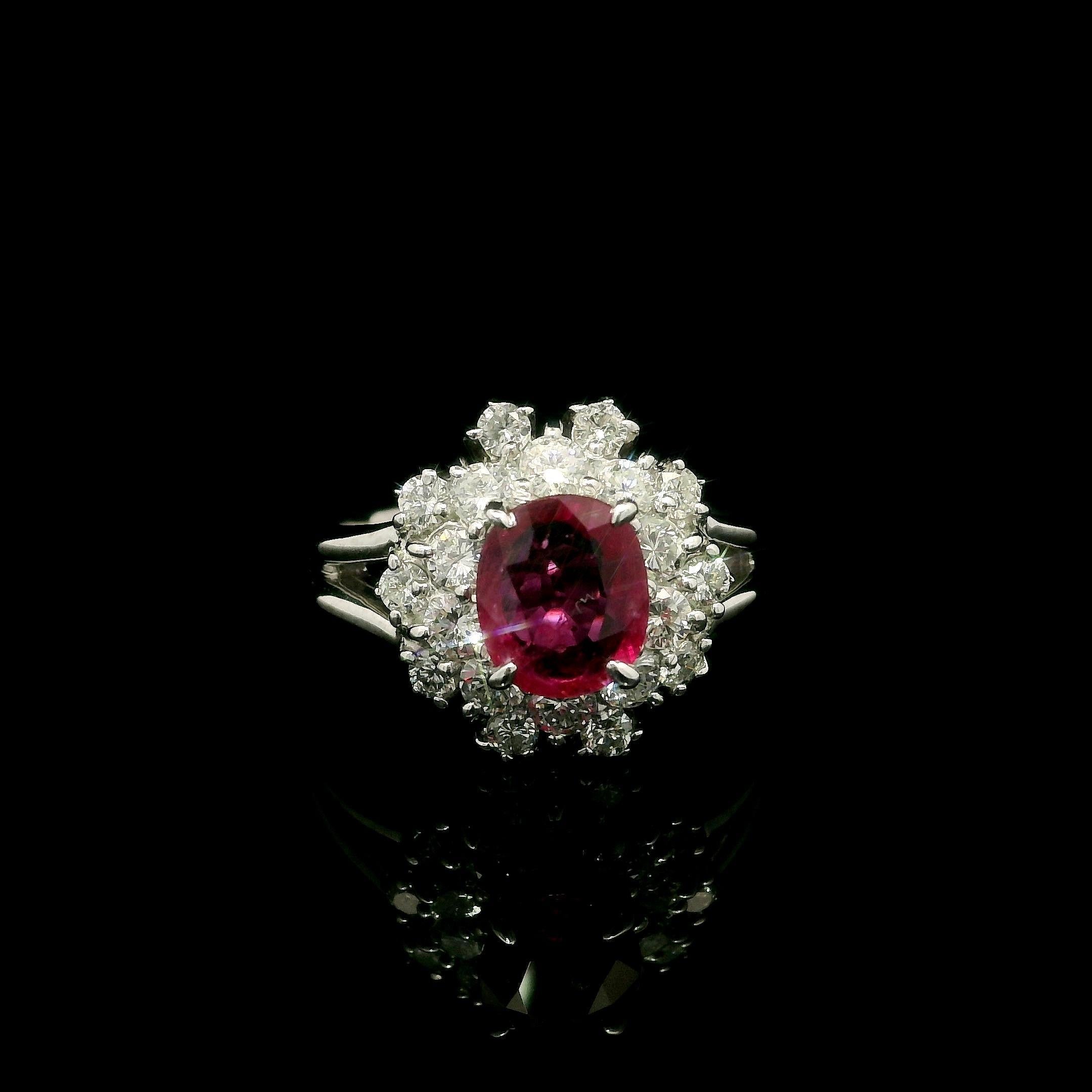 Platinum GIA 1.91ctw Oval Ruby w/ Diamond Double Halo Cocktail Ring For Sale 11