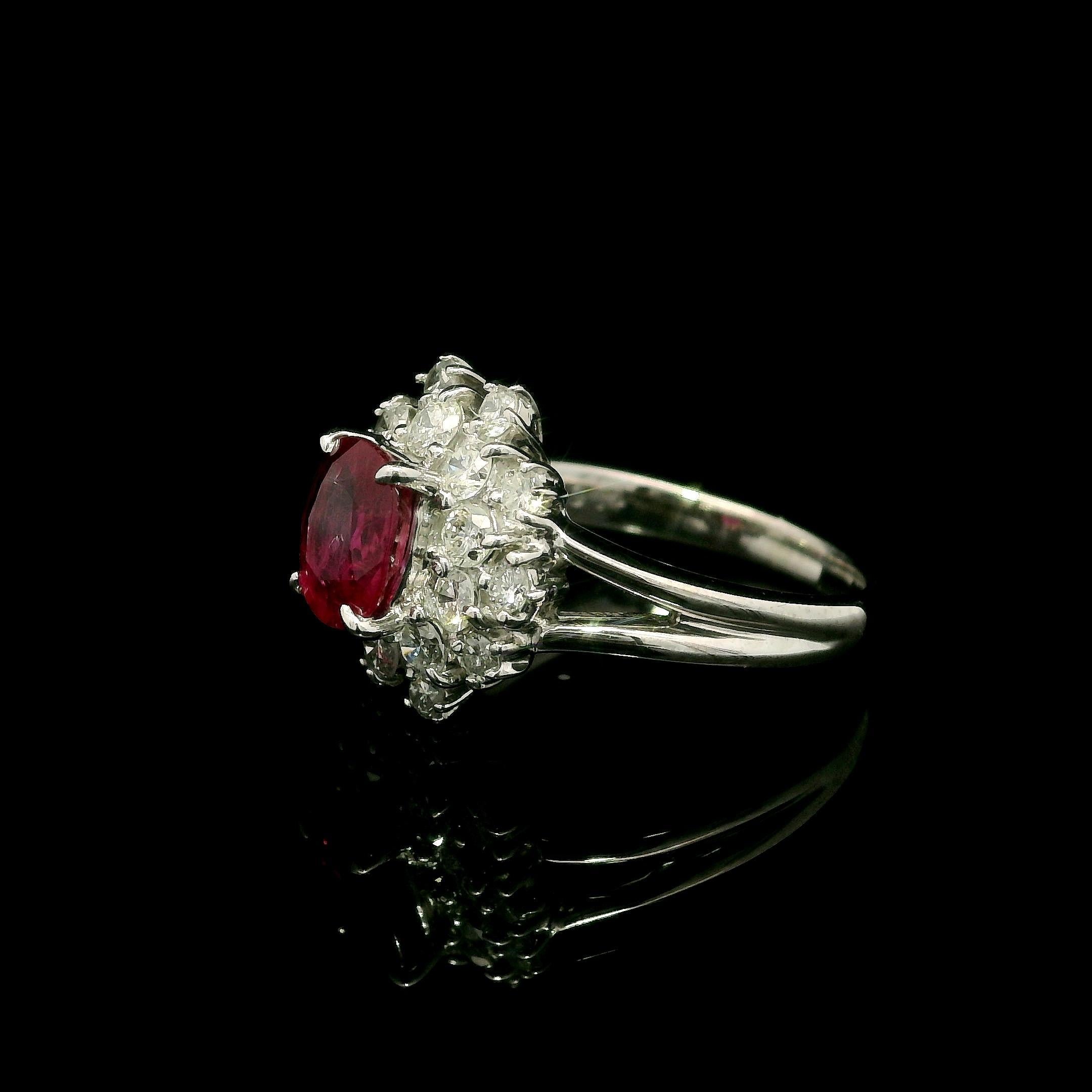 --Stone(s):--
(1) Natural Genuine Ruby - Oval Cut - Prong Set - Nice Slightly Purplish Red Color - 1.16ct (exact stamped)
** See Certification Details Below for Complete Info **
(20) Natural Genuine Diamonds - Round Brilliant Cut - Prong Set - Nice