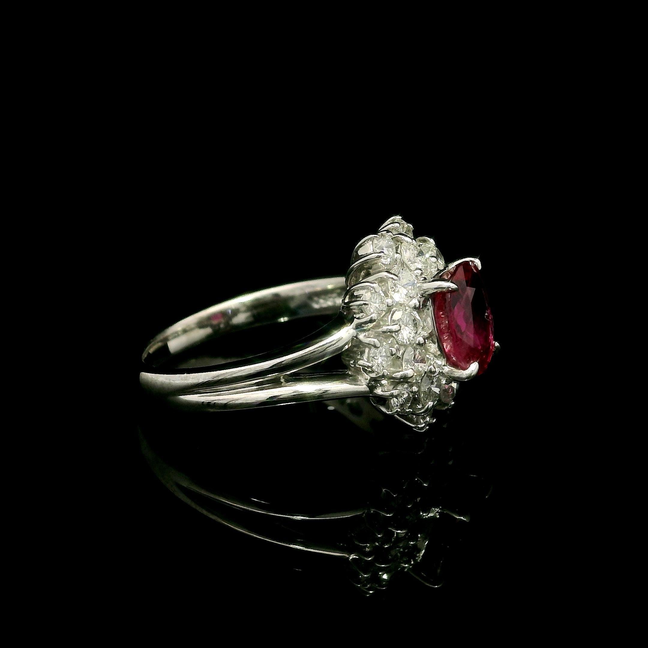 Oval Cut Platinum GIA 1.91ctw Oval Ruby w/ Diamond Double Halo Cocktail Ring For Sale