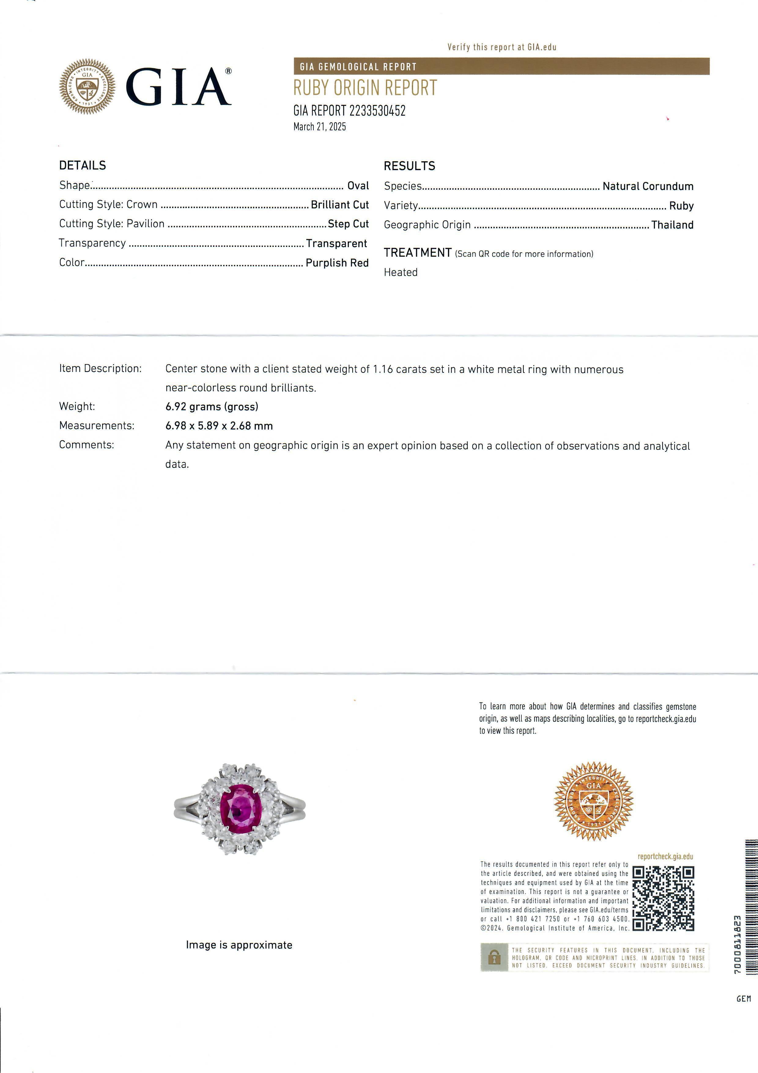 Platinum GIA 1.91ctw Oval Ruby w/ Diamond Double Halo Cocktail Ring In Excellent Condition For Sale In Montclair, NJ