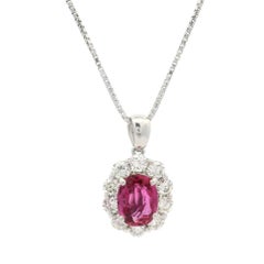Platinum GIA 1.91ctw Oval Ruby w/ Diamond Halo Pendant Adjustable Chain Necklace