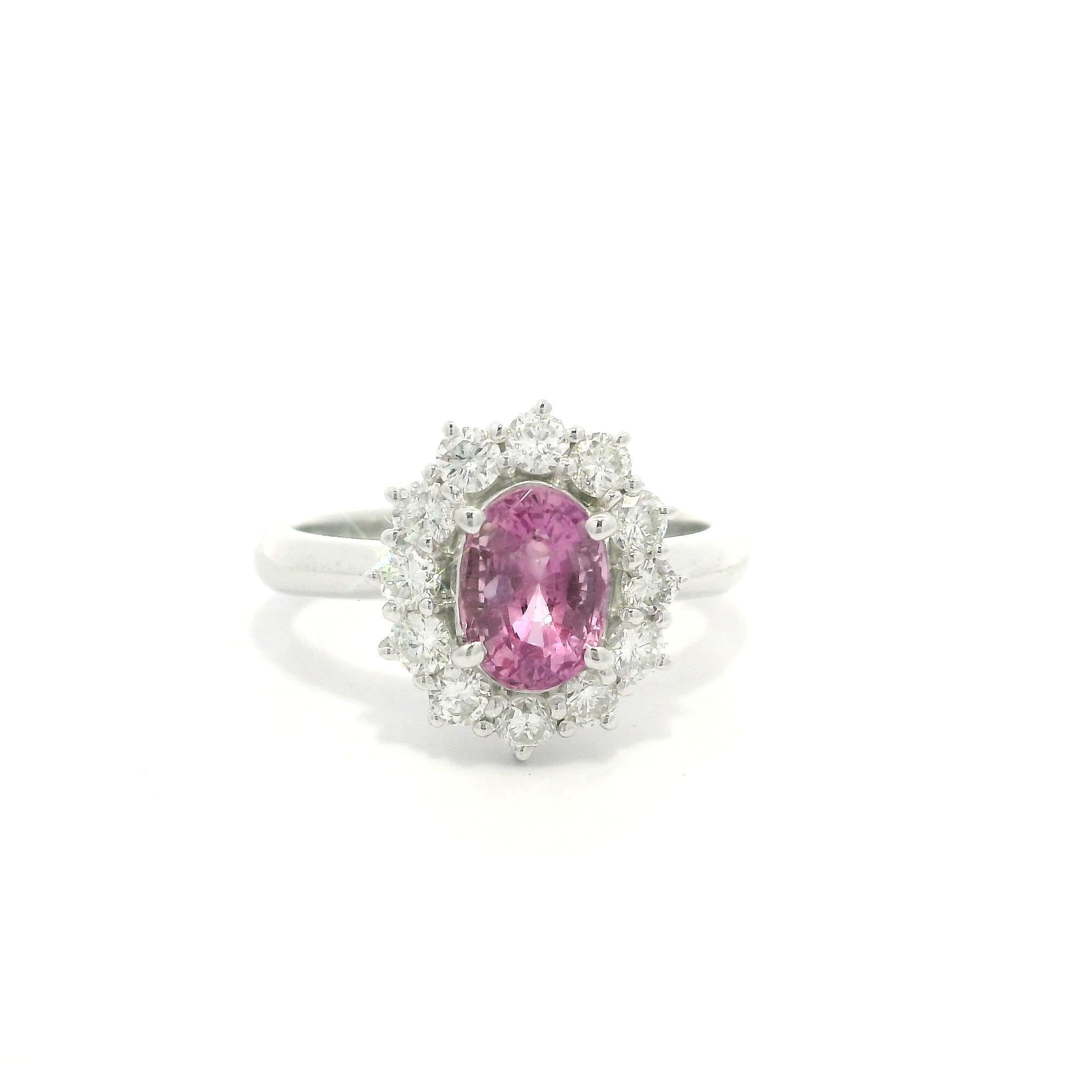 Platinum GIA 1.92ctw Oval Pink No Heat Sapphire w/ Diamond Halo Cluster Ring For Sale 8