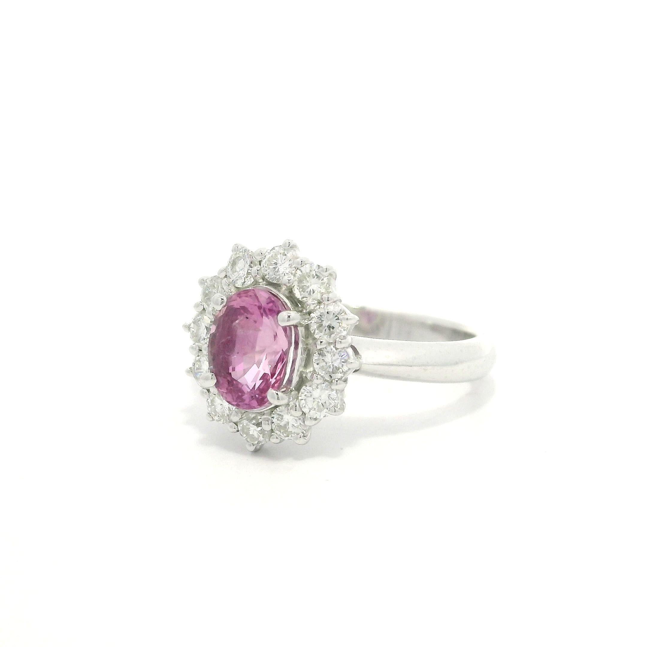 Platinum GIA 1.92ctw Oval Pink No Heat Sapphire w/ Diamond Halo Cluster Ring For Sale 9