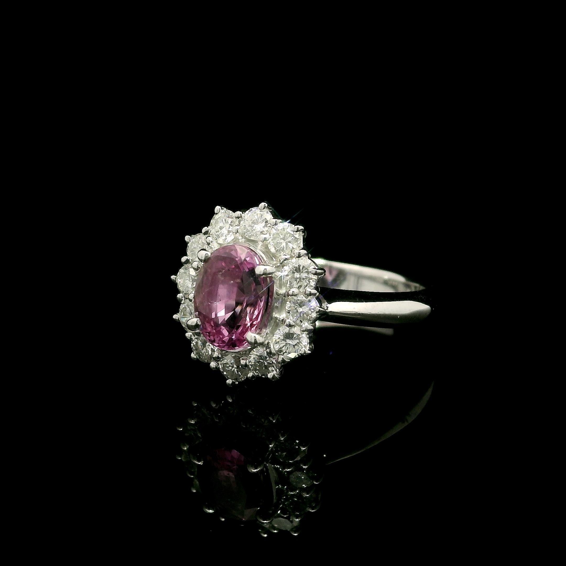 --Stone(s):--
(1) Natural Genuine Sapphire - Oval Cut - Prong Set - Vivid Pink Color - No Heat - Ceylon- 100% Natural -1.31ct (exact)
** See Certification Details Below for Complete Info **
(12) Natural Genuine Diamonds - Round Brilliant Cut - Prong
