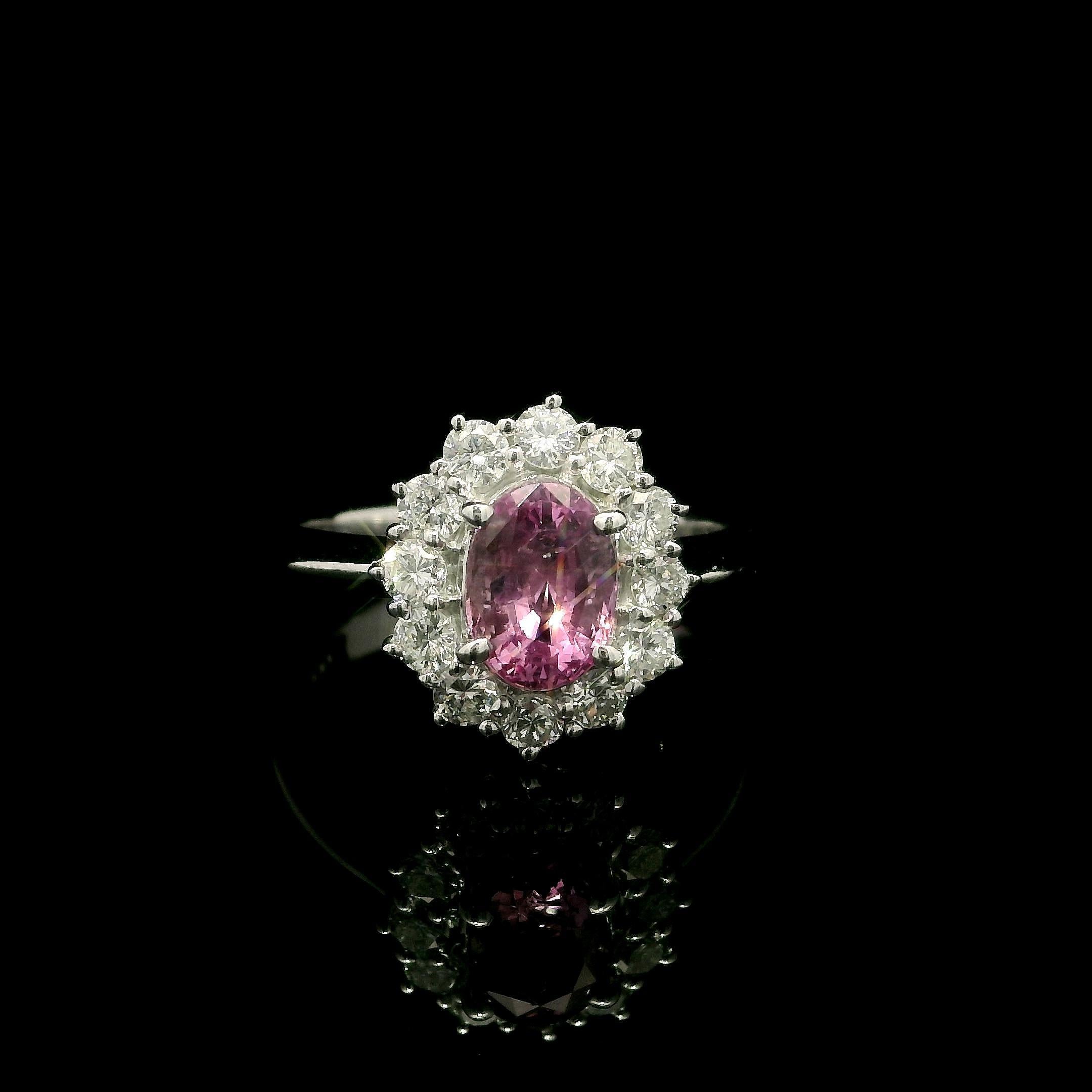 Oval Cut Platinum GIA 1.92ctw Oval Pink No Heat Sapphire w/ Diamond Halo Cluster Ring For Sale