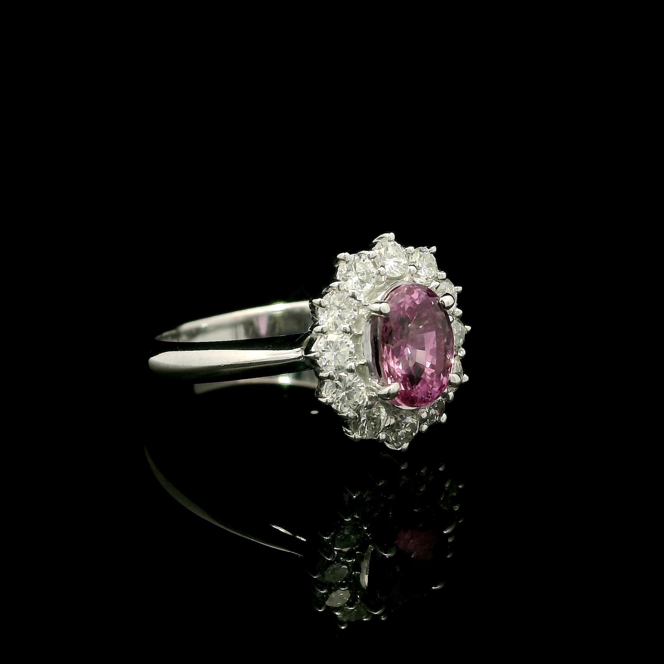 Platinum GIA 1.92ctw Oval Pink No Heat Sapphire w/ Diamond Halo Cluster Ring In Excellent Condition For Sale In Montclair, NJ