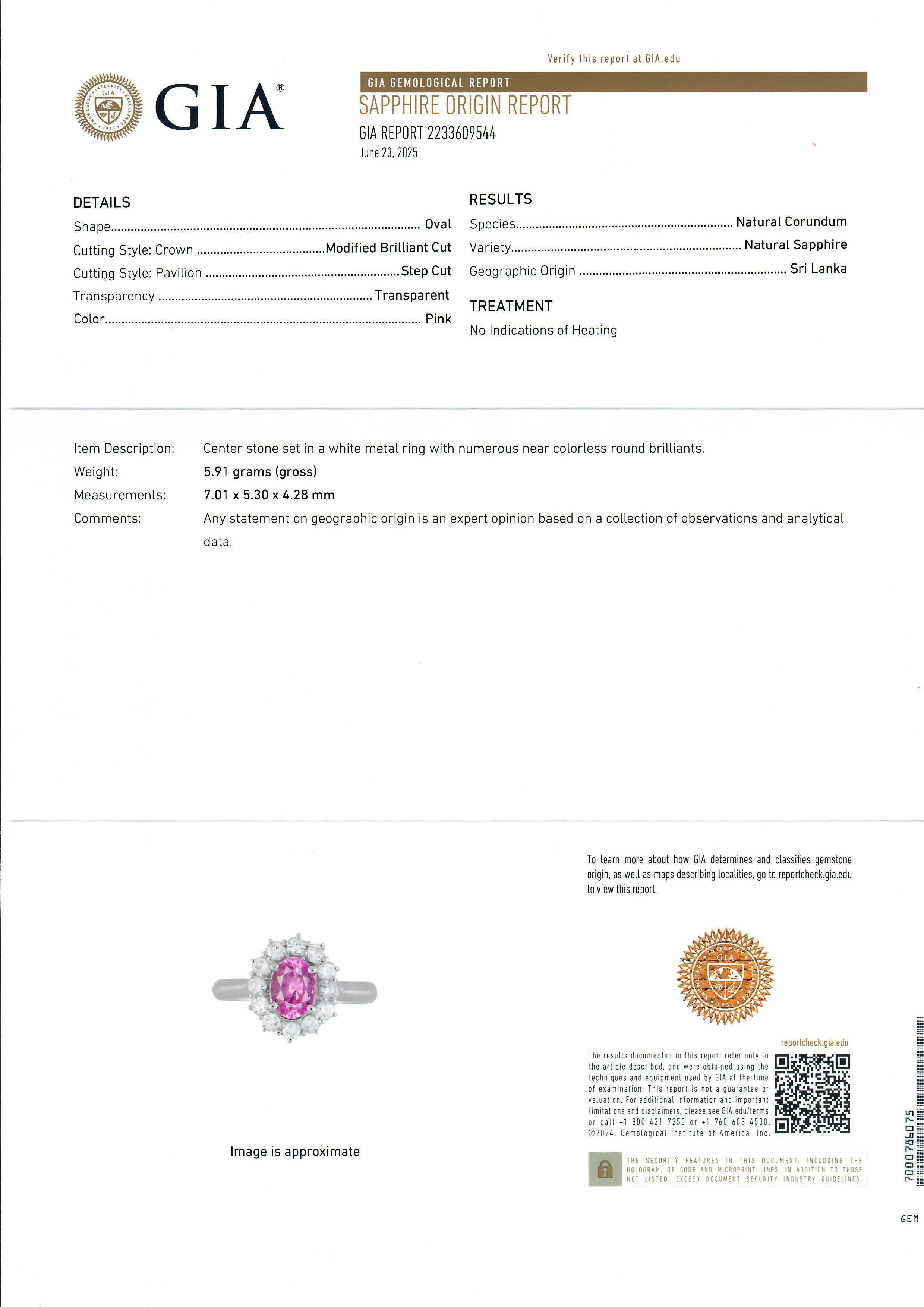 Women's Platinum GIA 1.92ctw Oval Pink No Heat Sapphire w/ Diamond Halo Cluster Ring For Sale