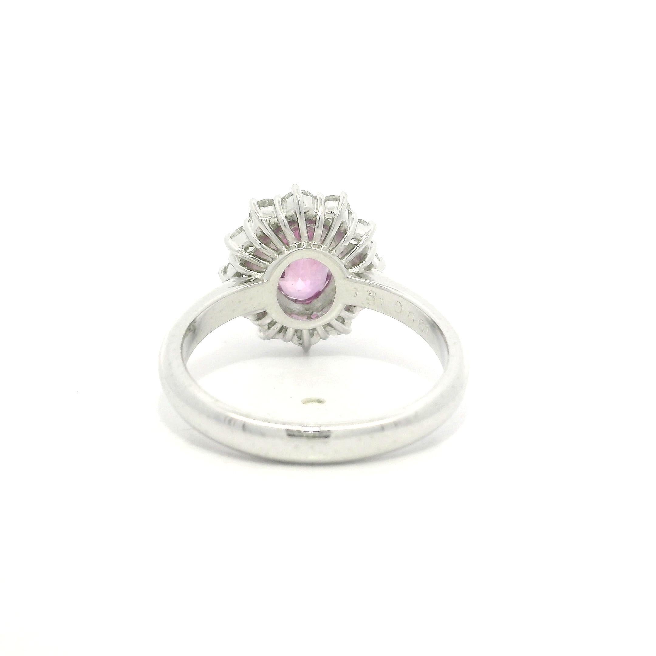 Platinum GIA 1.92ctw Oval Pink No Heat Sapphire w/ Diamond Halo Cluster Ring For Sale 3