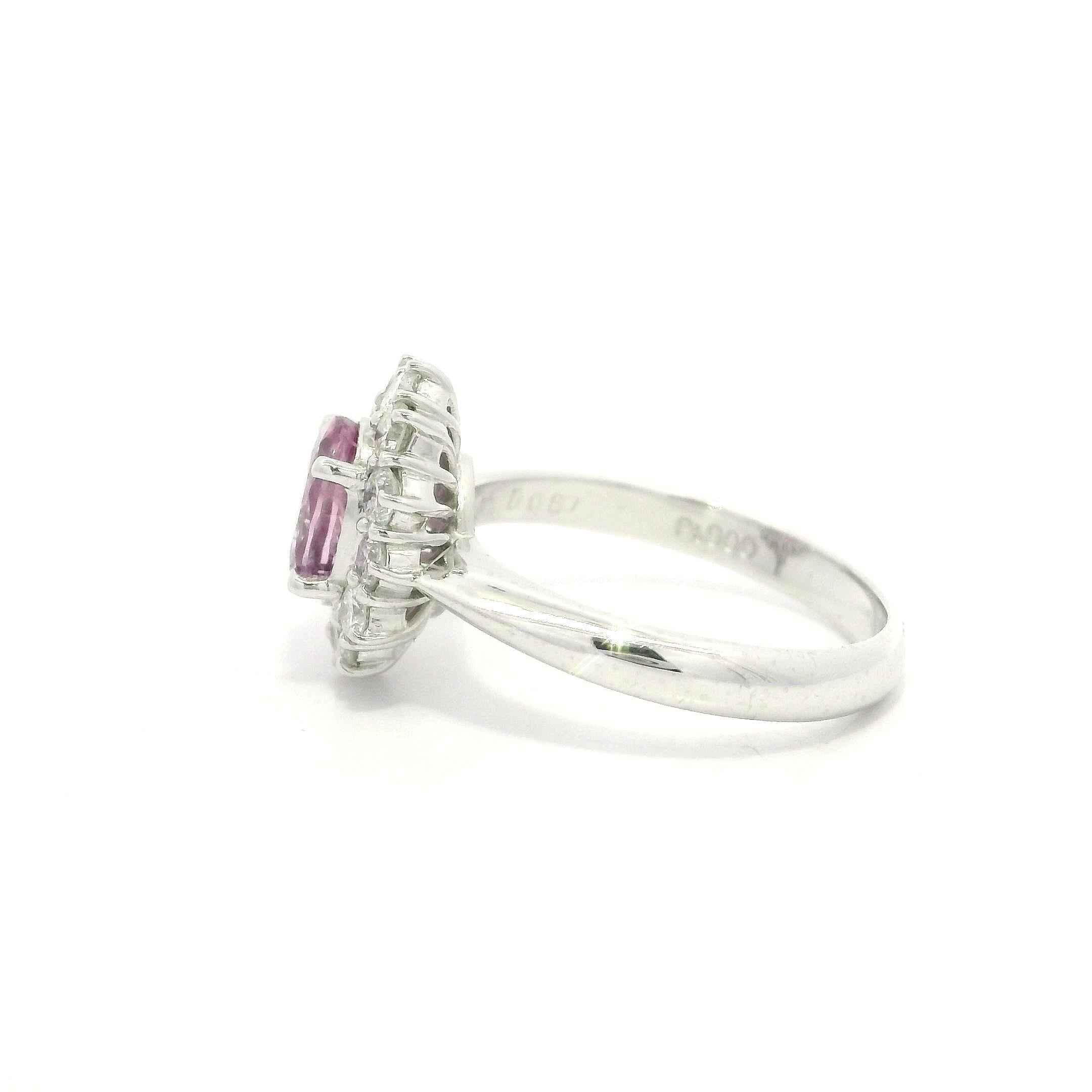 Platinum GIA 1.92ctw Oval Pink No Heat Sapphire w/ Diamond Halo Cluster Ring For Sale 4