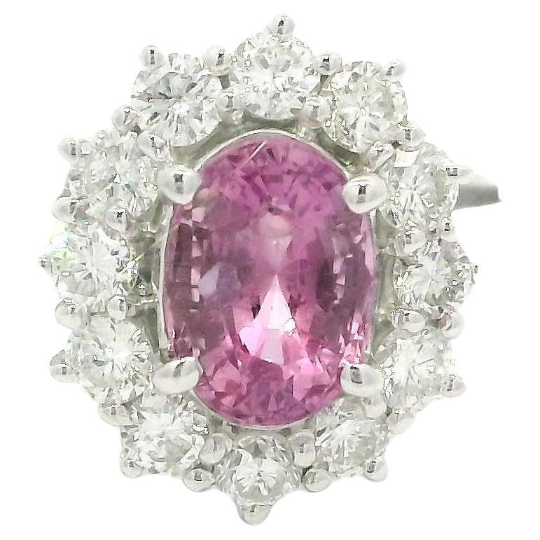Platinum GIA 1.92ctw Oval Pink No Heat Sapphire w/ Diamond Halo Cluster Ring For Sale