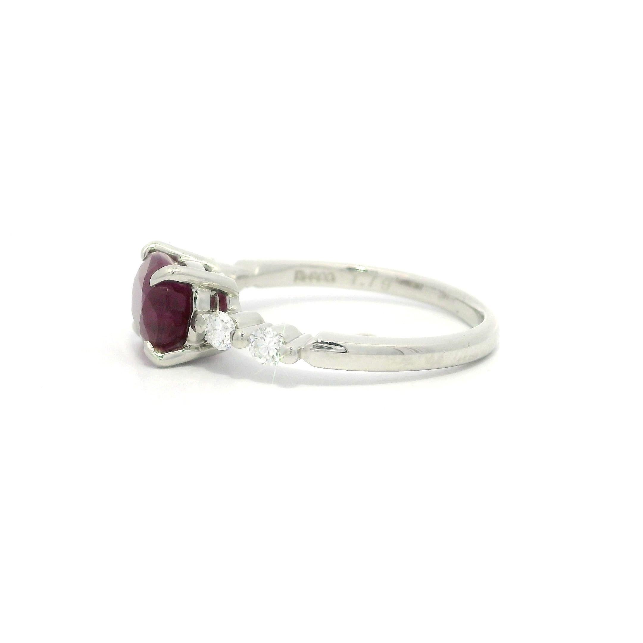 Platinum GIA 1.99ctw Burma Oval Ruby w/ Diamond Sides East West Dainty Ring For Sale 5