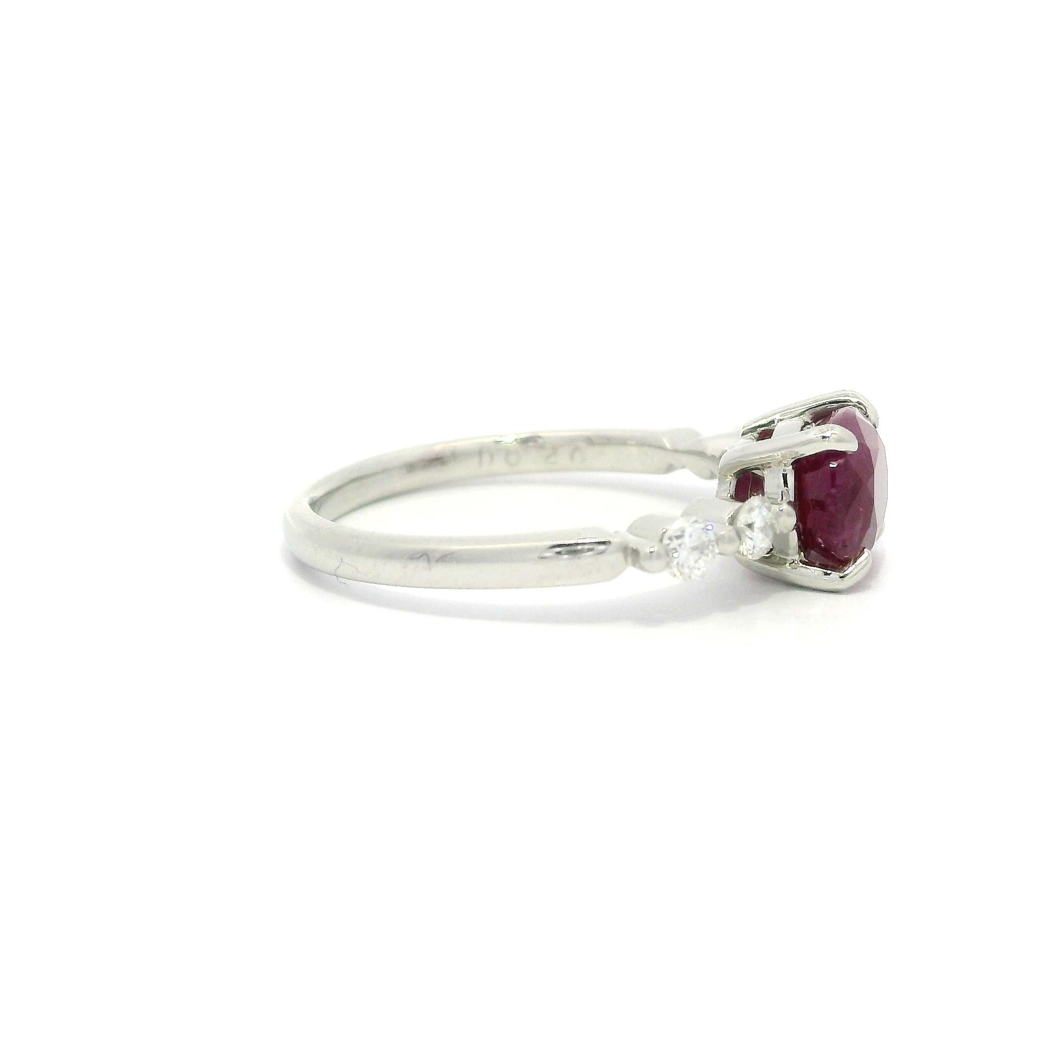 Platinum GIA 1.99ctw Burma Oval Ruby w/ Diamond Sides East West Dainty Ring For Sale 6