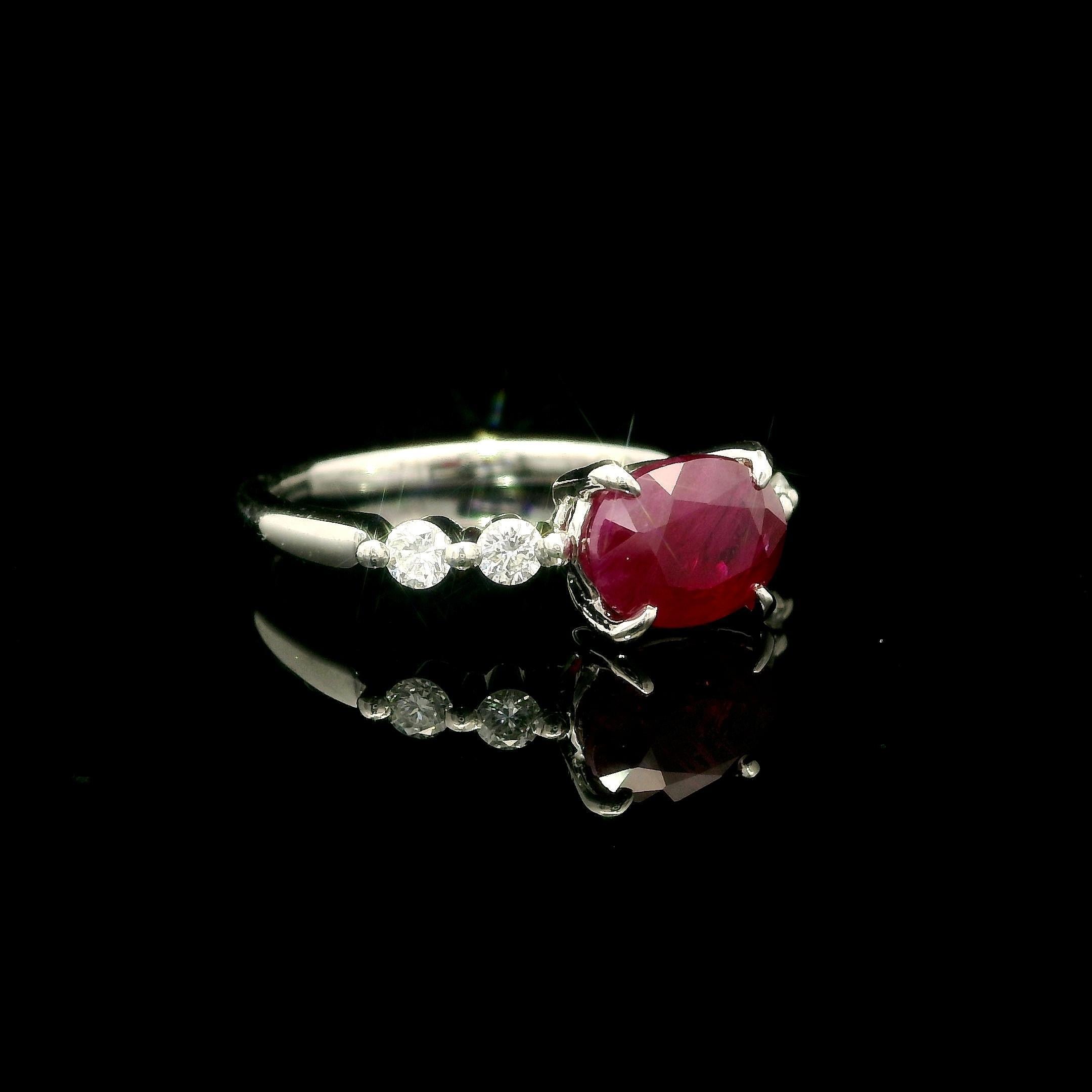 Oval Cut Platinum GIA 1.99ctw Burma Oval Ruby w/ Diamond Sides East West Dainty Ring For Sale