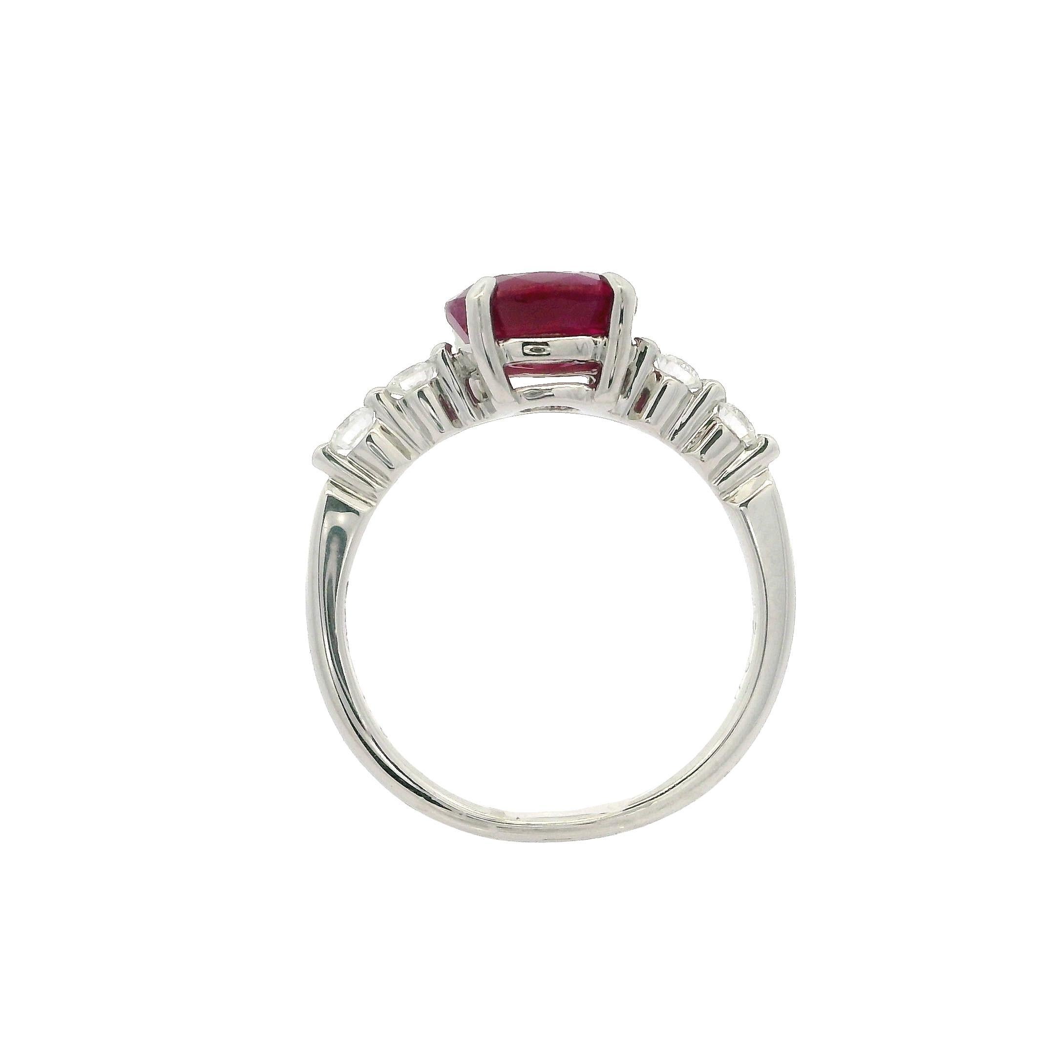 Women's Platinum GIA 1.99ctw Burma Oval Ruby w/ Diamond Sides East West Dainty Ring For Sale