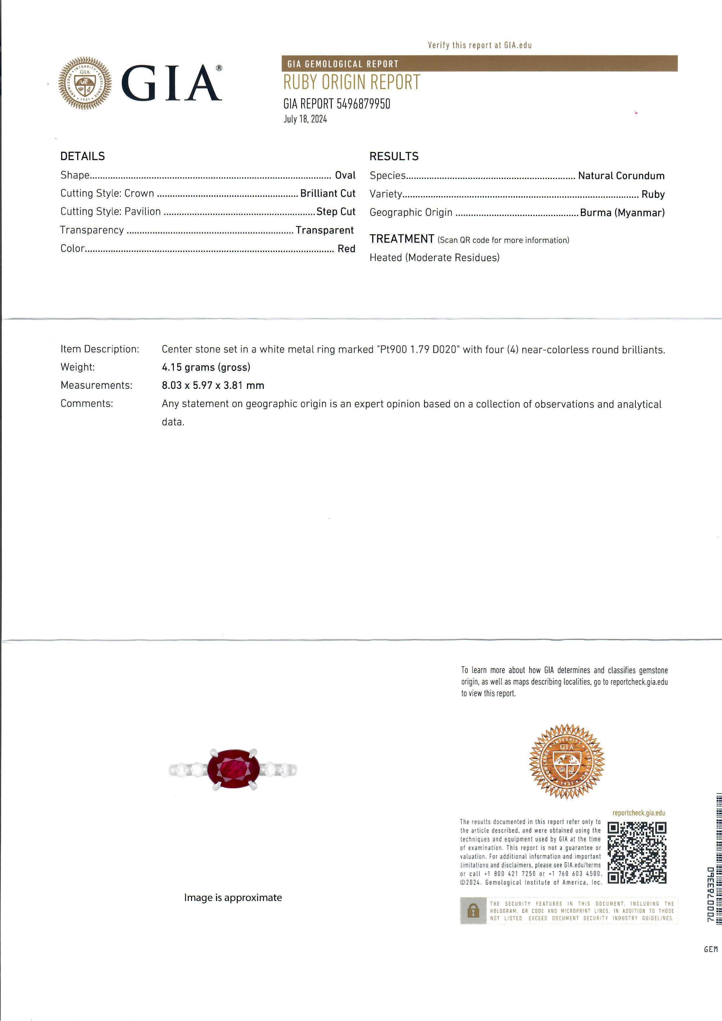 Platinum GIA 1.99ctw Burma Oval Ruby w/ Diamond Sides East West Dainty Ring For Sale 1