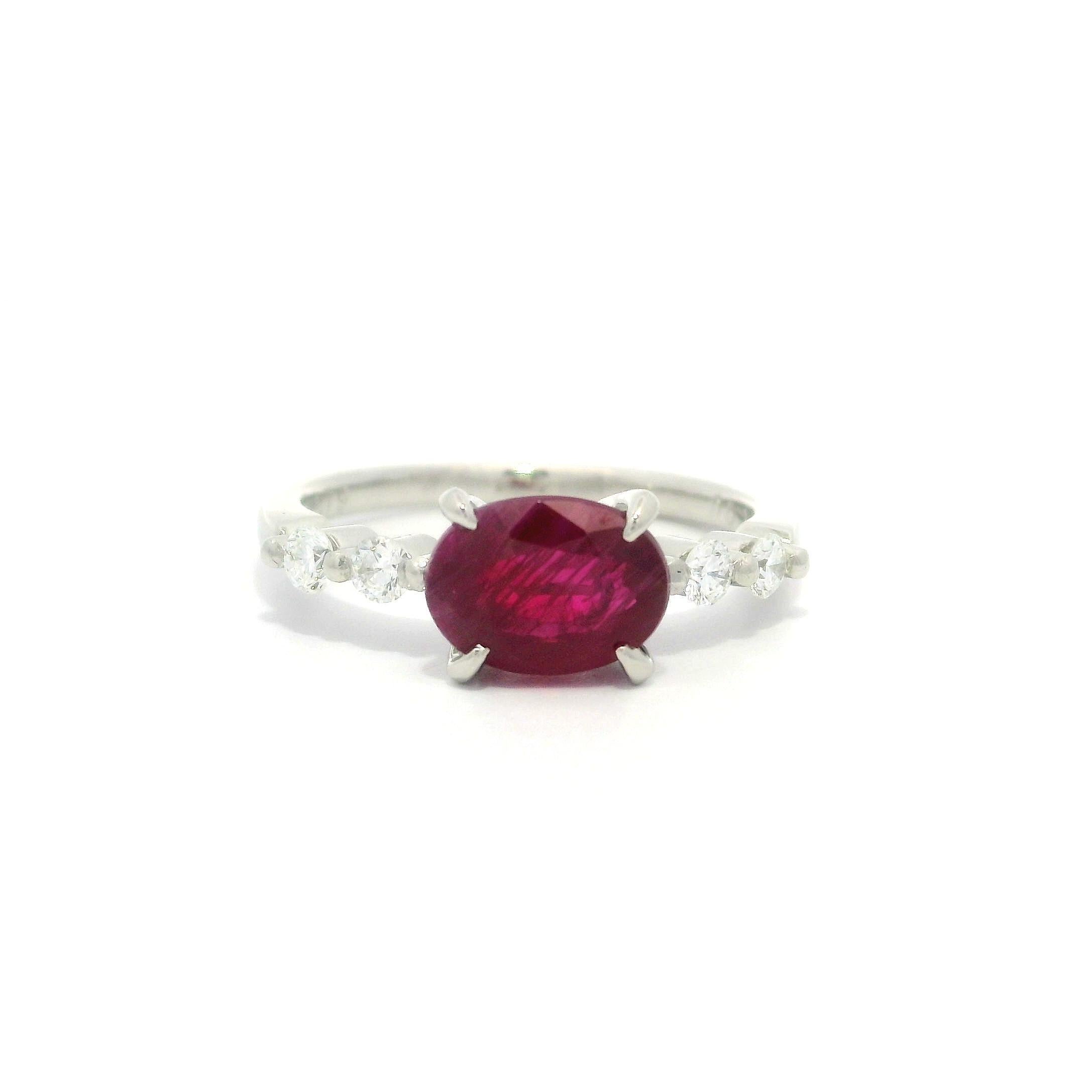 Platinum GIA 1.99ctw Burma Oval Ruby w/ Diamond Sides East West Dainty Ring For Sale 2