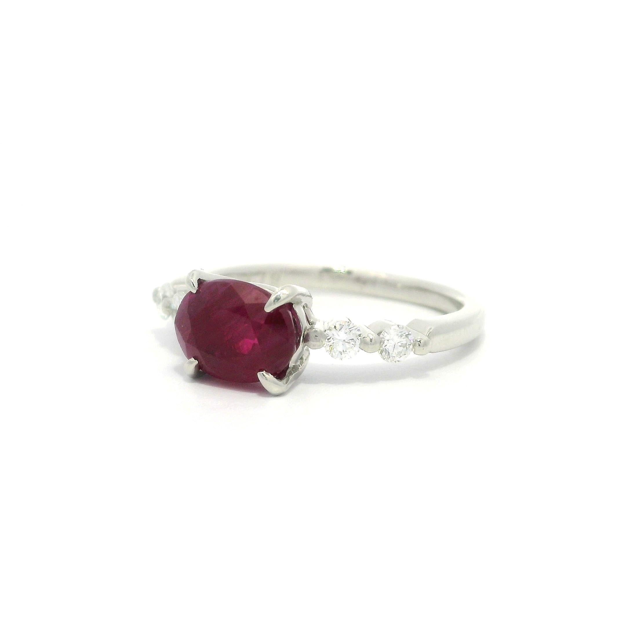 Platinum GIA 1.99ctw Burma Oval Ruby w/ Diamond Sides East West Dainty Ring For Sale 4