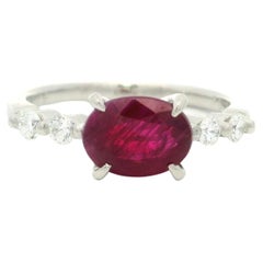 Platinum GIA 1.99ctw Burma Oval Ruby w/ Diamond Sides East West Dainty Ring