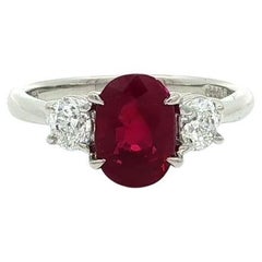 Platinum GIA 2.14ct Oval Burma Red Ruby Diamond Sides 3 Stone Classic Ring