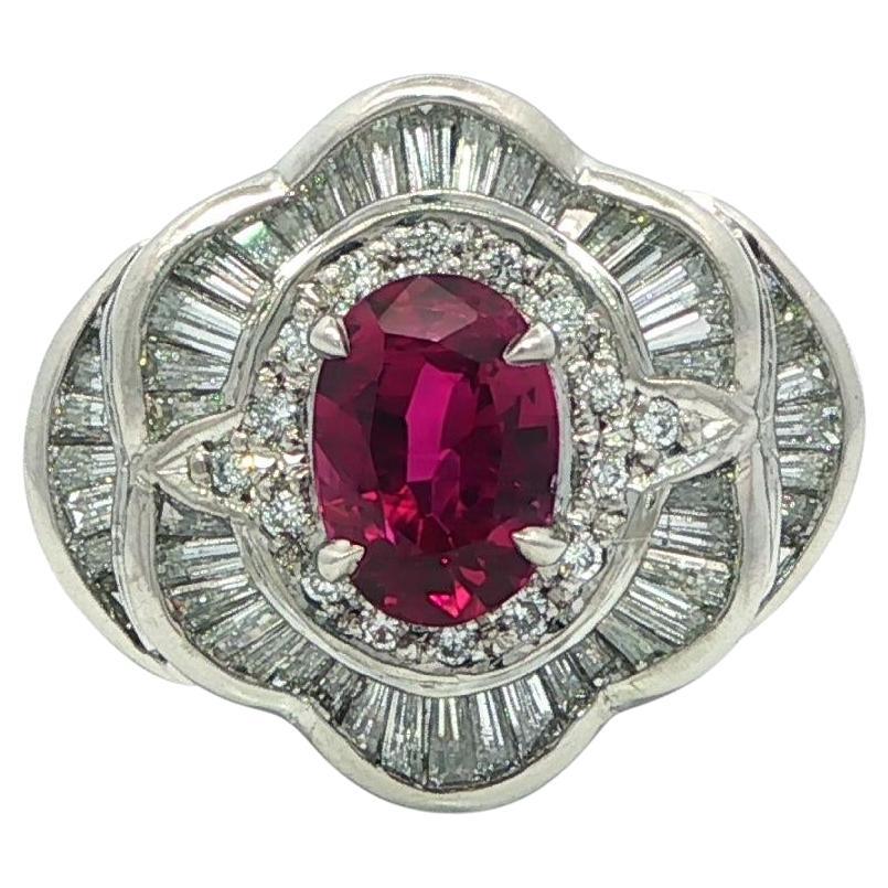 Platinum GIA 2.22ctw No Heat Oval Ruby w/ Baguette Diamond Tiered Ring For Sale