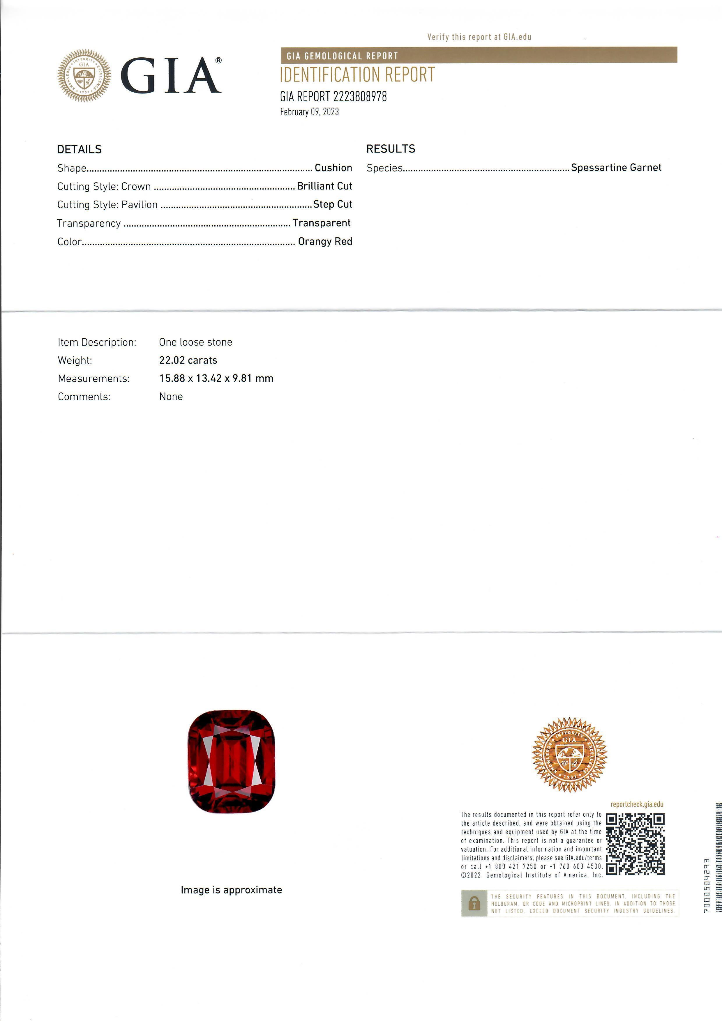 --Stone(s):--
(1) Natural Genuine Spessartine Garnet - Cushion Brilliant Cut - Prong Set - Incredible RARE Orangy Red  Color - 22.02ct (exact - certified)
** See Certification Details Below for Complete Info **
(72) Natural Genuine Diamonds - Round