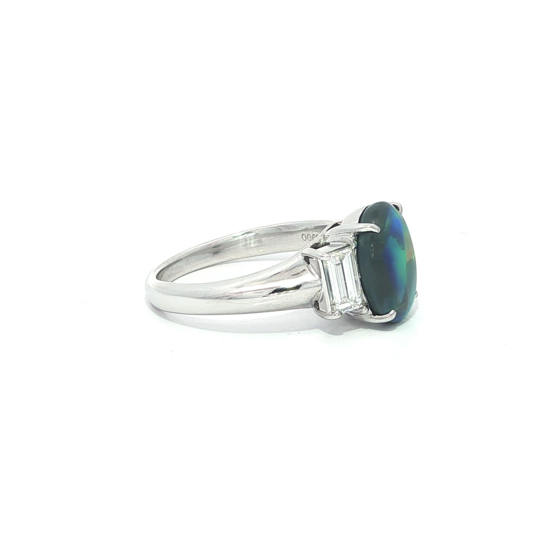 Bague en platine GIA 2.33ctw exceptionnelle Opale noire colorée Bague longue diamant baguette en vente 7