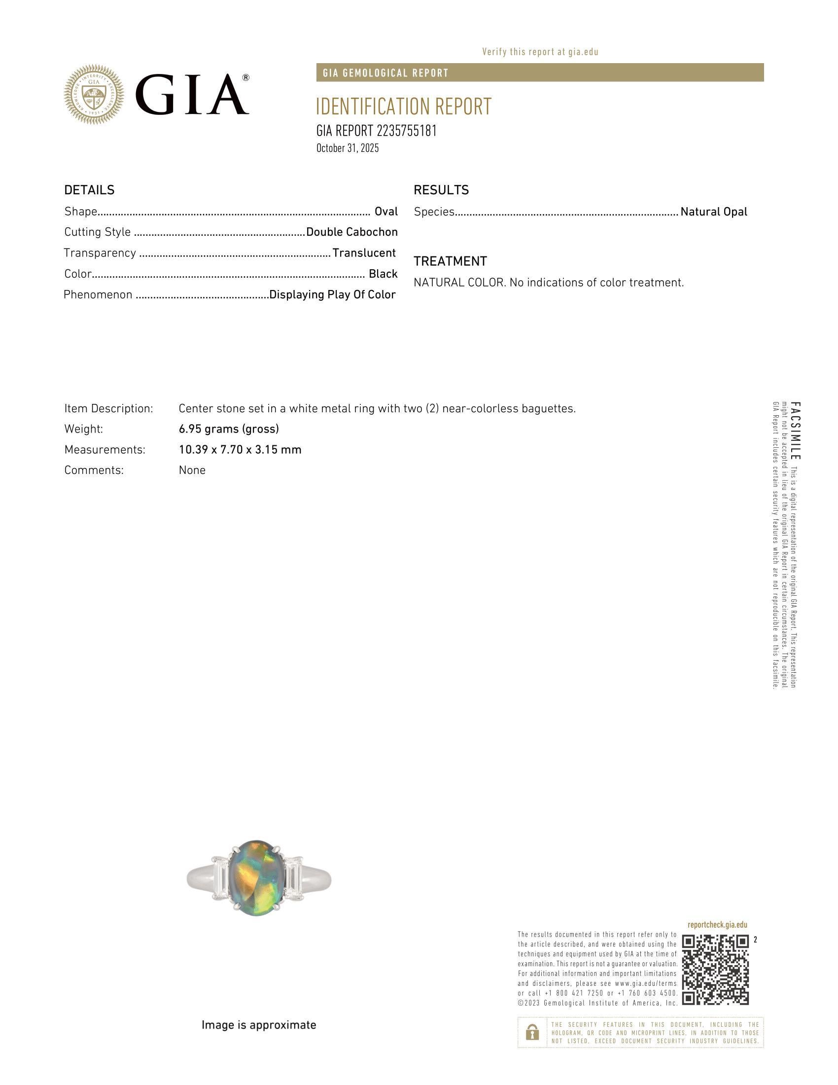 Bague en platine GIA 2.33ctw exceptionnelle Opale noire colorée Bague longue diamant baguette en vente 10