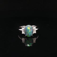 Platinum GIA 2.33ctw Exceptional Colorful Black Opal Long Baguette Diamond Ring