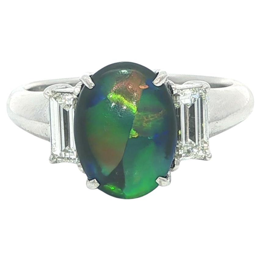 Platino GIA 2,33ctw Eccezionale Opale Nero Colorato Anello con Diamante Baguette Lungo