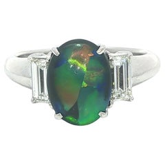 Platino GIA 2,33ctw Eccezionale Opale Nero Colorato Anello con Diamante Baguette Lungo