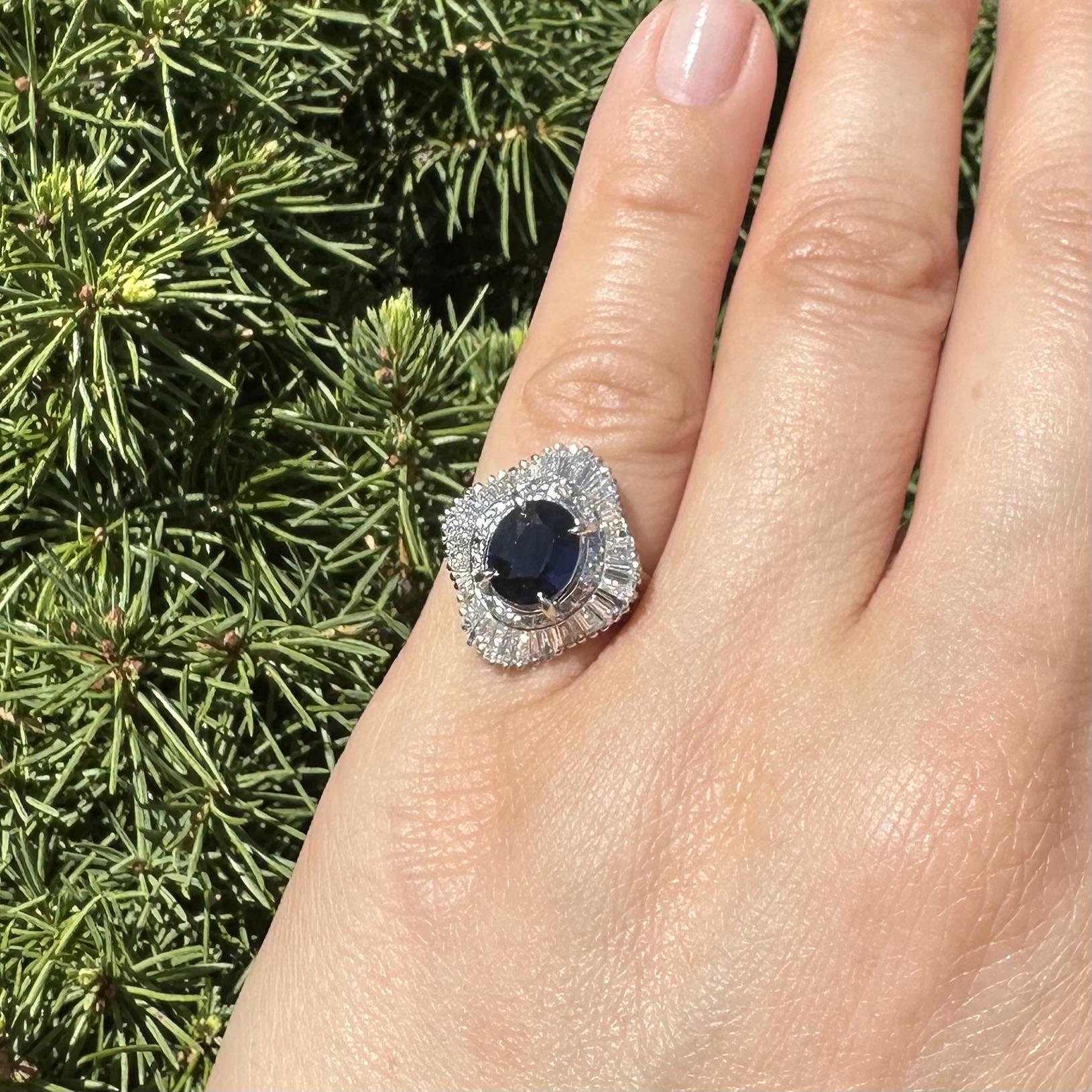 Oval Cut Platinum GIA 2.37ct No Heat Dark Royal Blue Sapphire Diamond Wavy Ballerina Ring For Sale