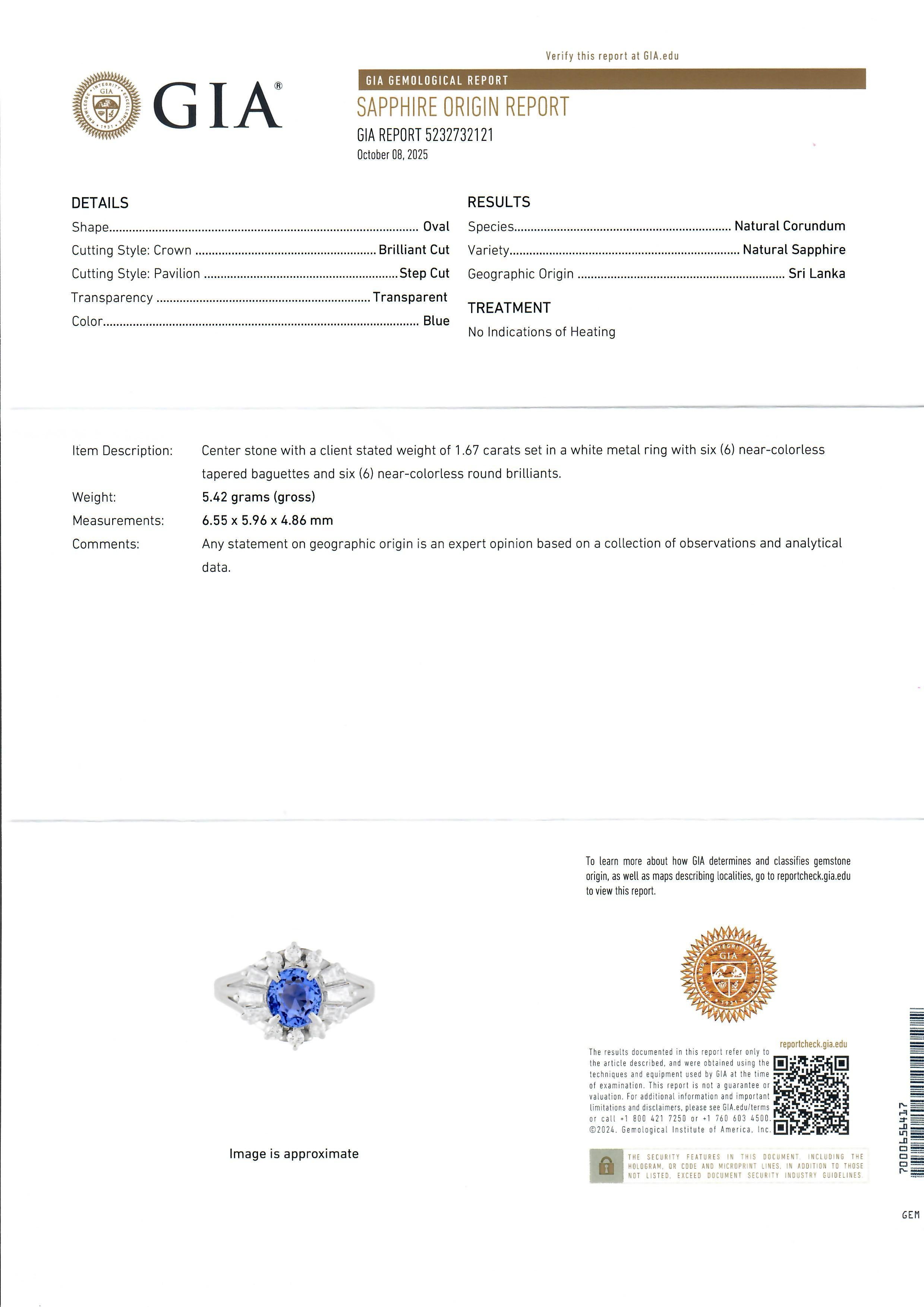 Platino GIA 2,37ct Ovale Senza Calore Zaffiro di Ceylon Anello con diamanti tondi e baguette in vendita 8