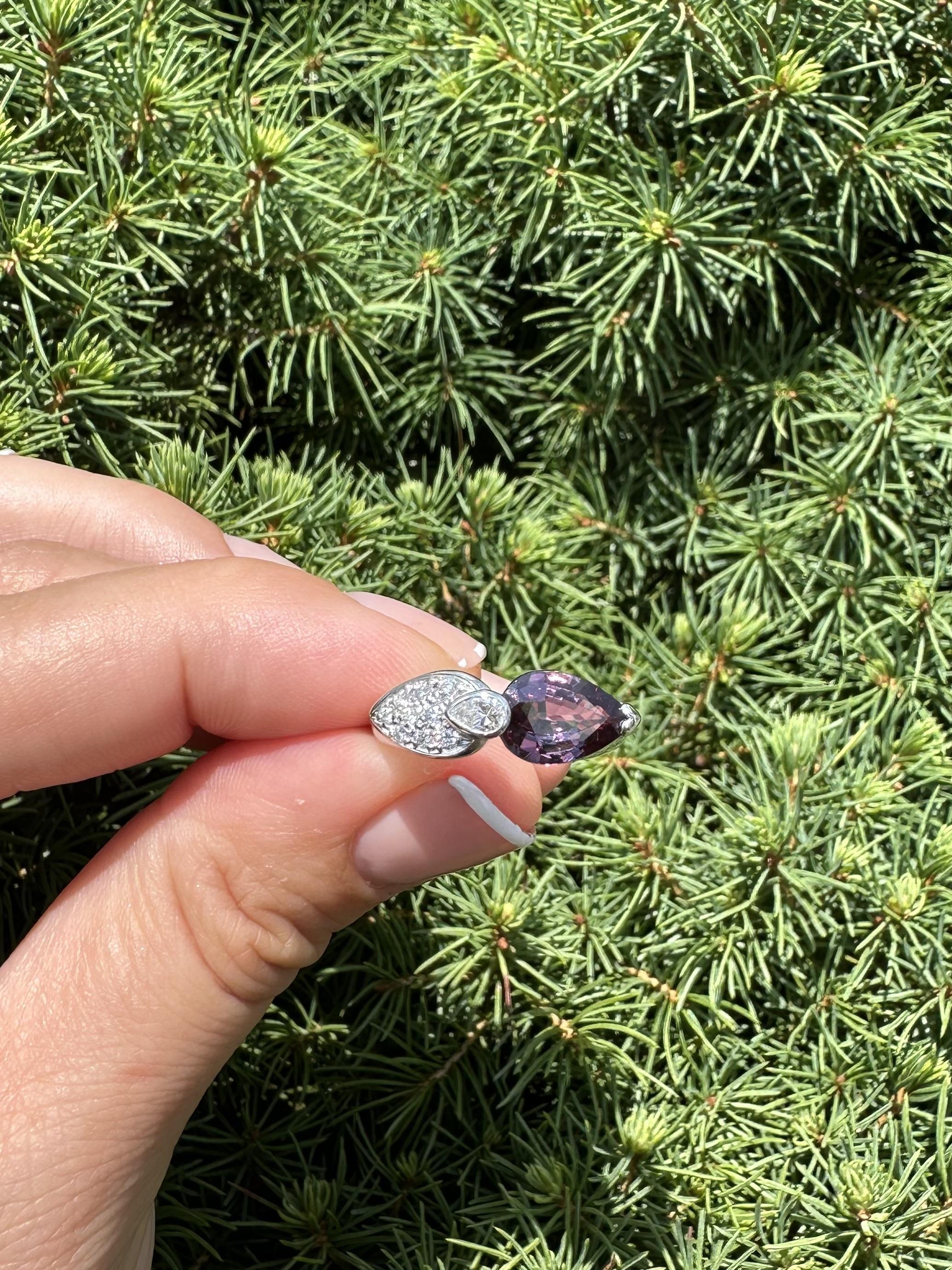 Platinum GIA 2.44ctw Dual Pear Color Change Unique Garnet Pave Diamond Ring For Sale 9