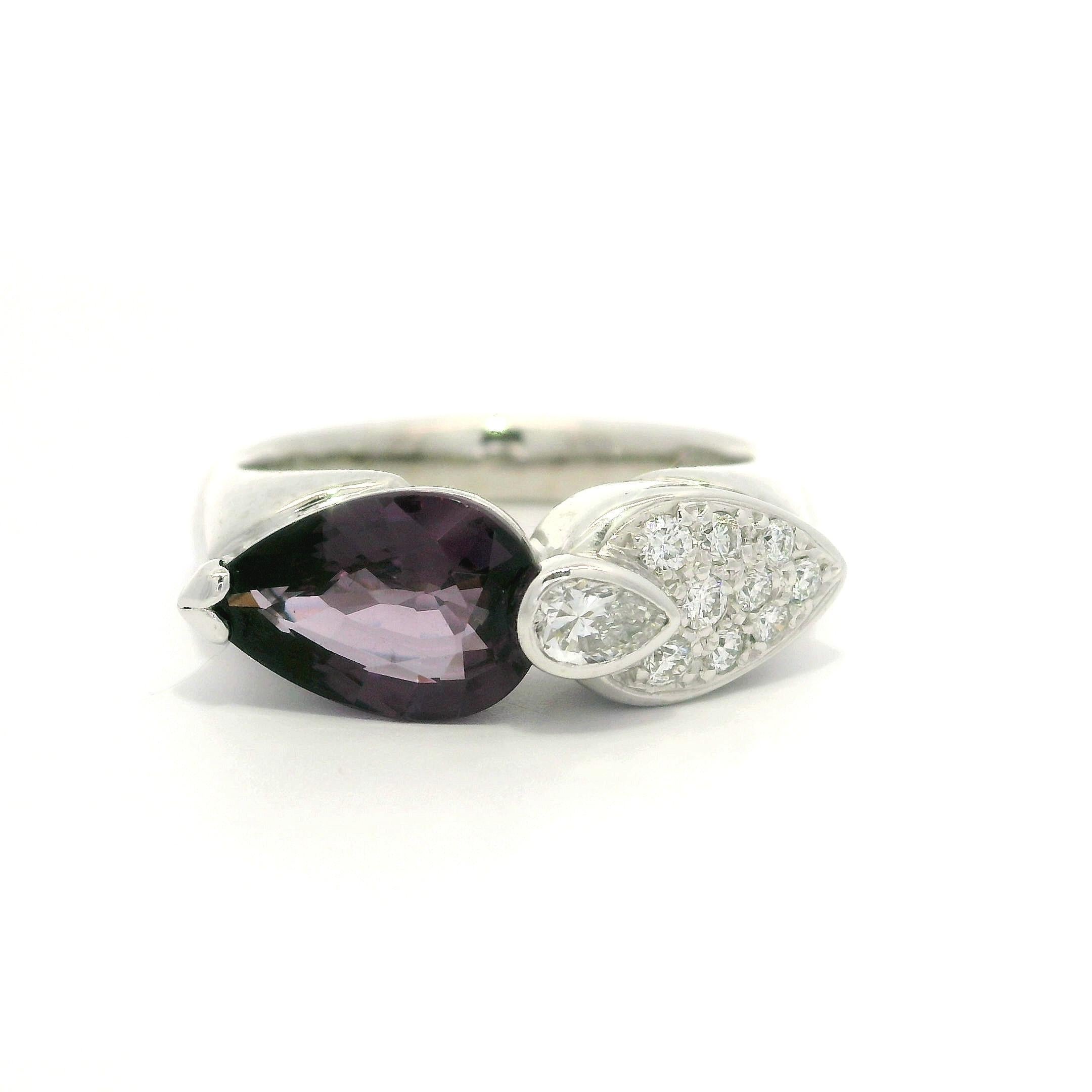 Platinum GIA 2.44ctw Dual Pear Color Change Unique Garnet Pave Diamond Ring For Sale 12