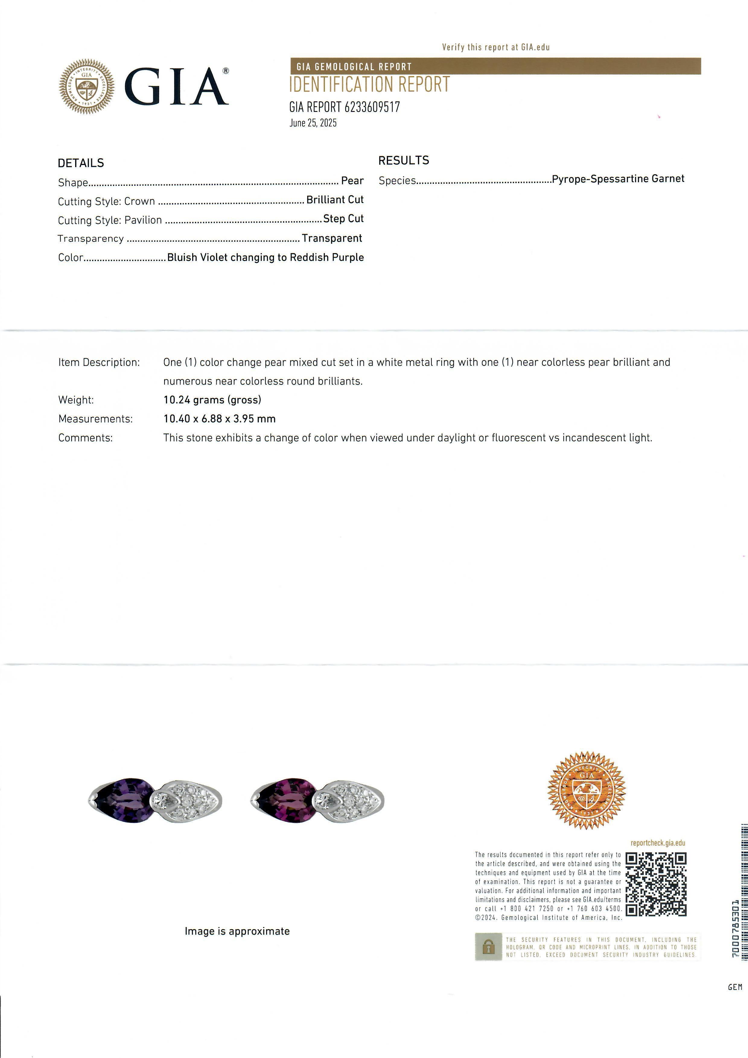Pear Cut Platinum GIA 2.44ctw Dual Pear Color Change Unique Garnet Pave Diamond Ring For Sale