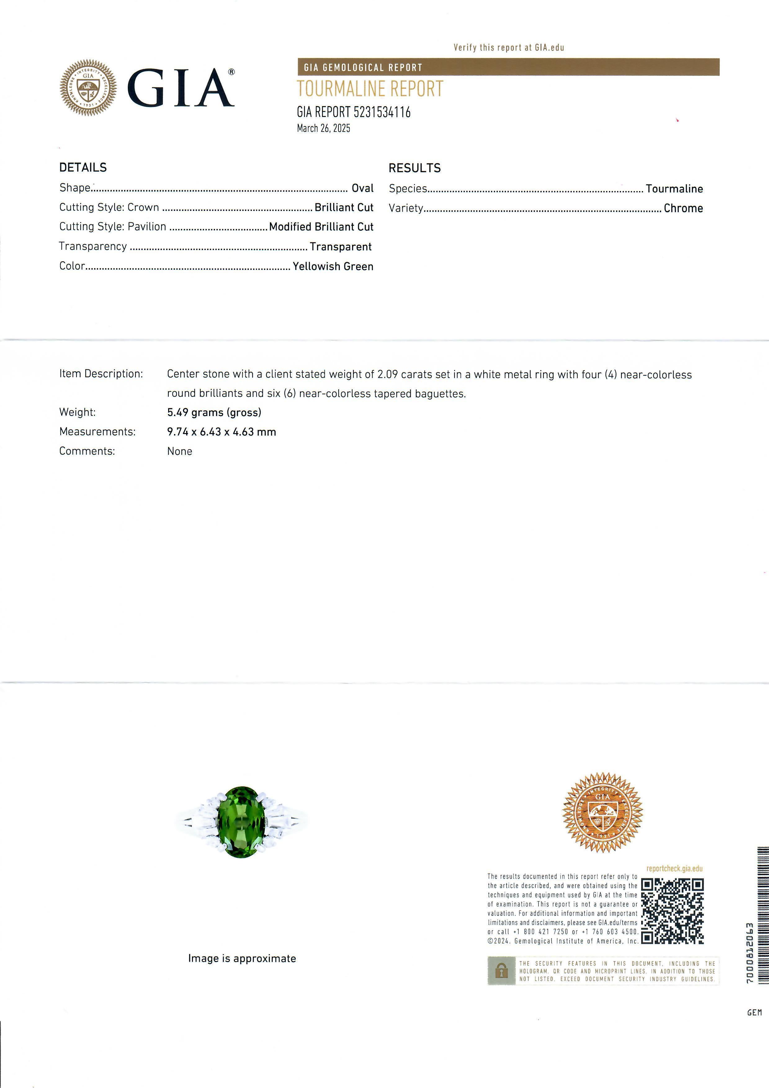 Platinum GIA 2.51ctw Chrome Green Tourmaline & Flared Diamond Sides Ring In Excellent Condition For Sale In Montclair, NJ