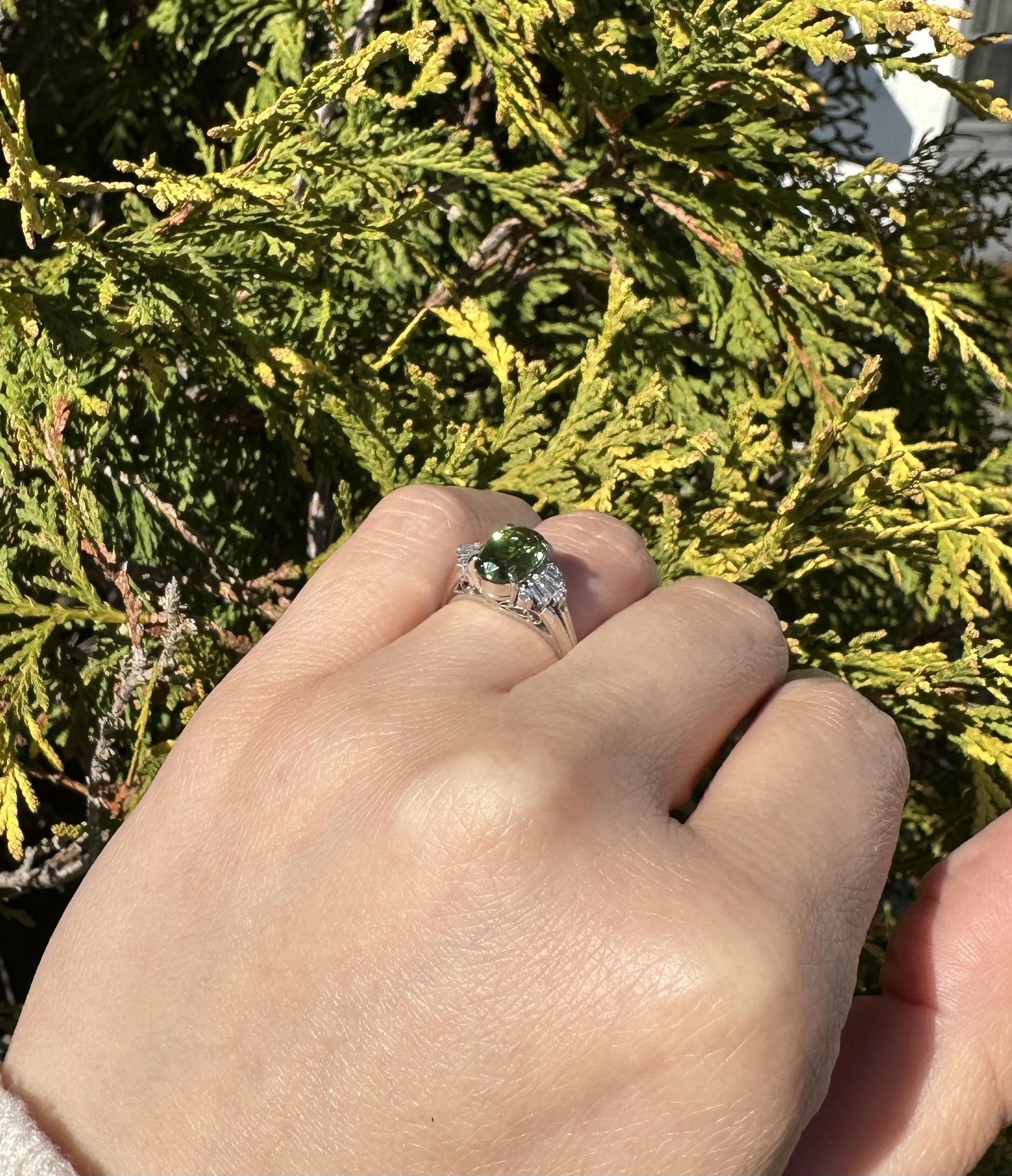 Platinum GIA 2.51ctw Chrome Green Tourmaline & Flared Diamond Sides Ring For Sale 1