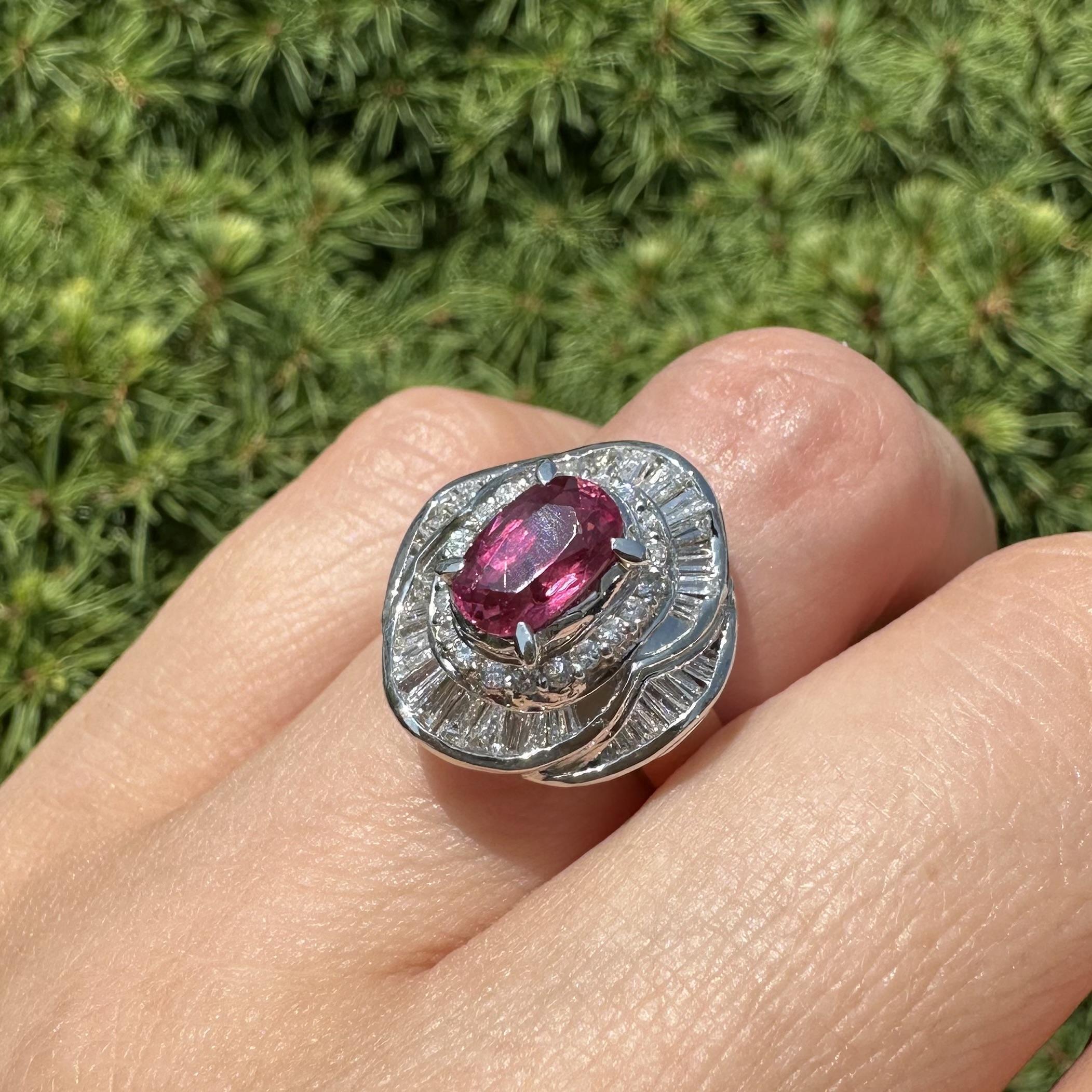 Platinum GIA 2.53ctw Oval Ruby w/ Baguette & Round Diamond Flared Ballerina Ring For Sale 5