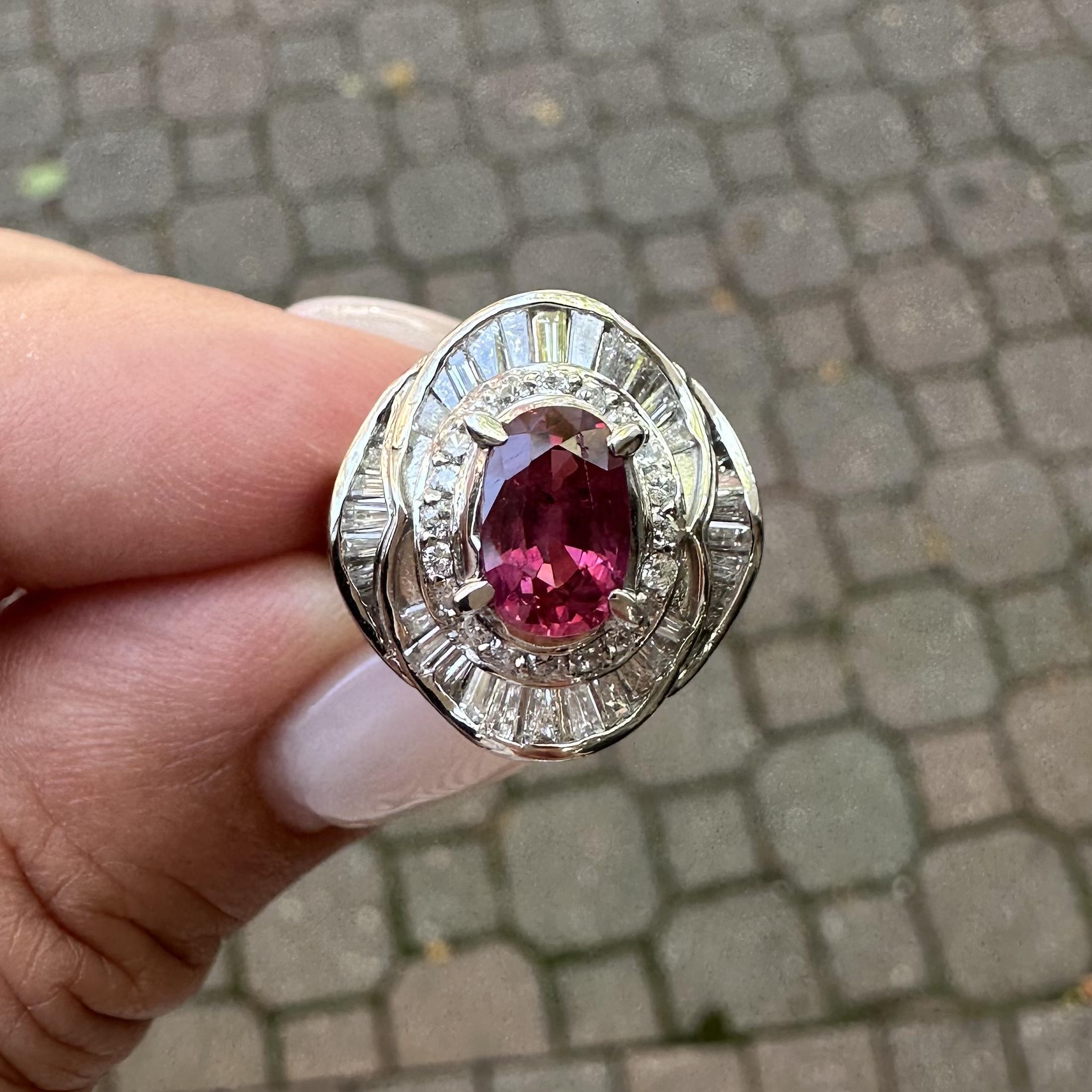 Platinum GIA 2.53ctw Oval Ruby w/ Baguette & Round Diamond Flared Ballerina Ring For Sale 6