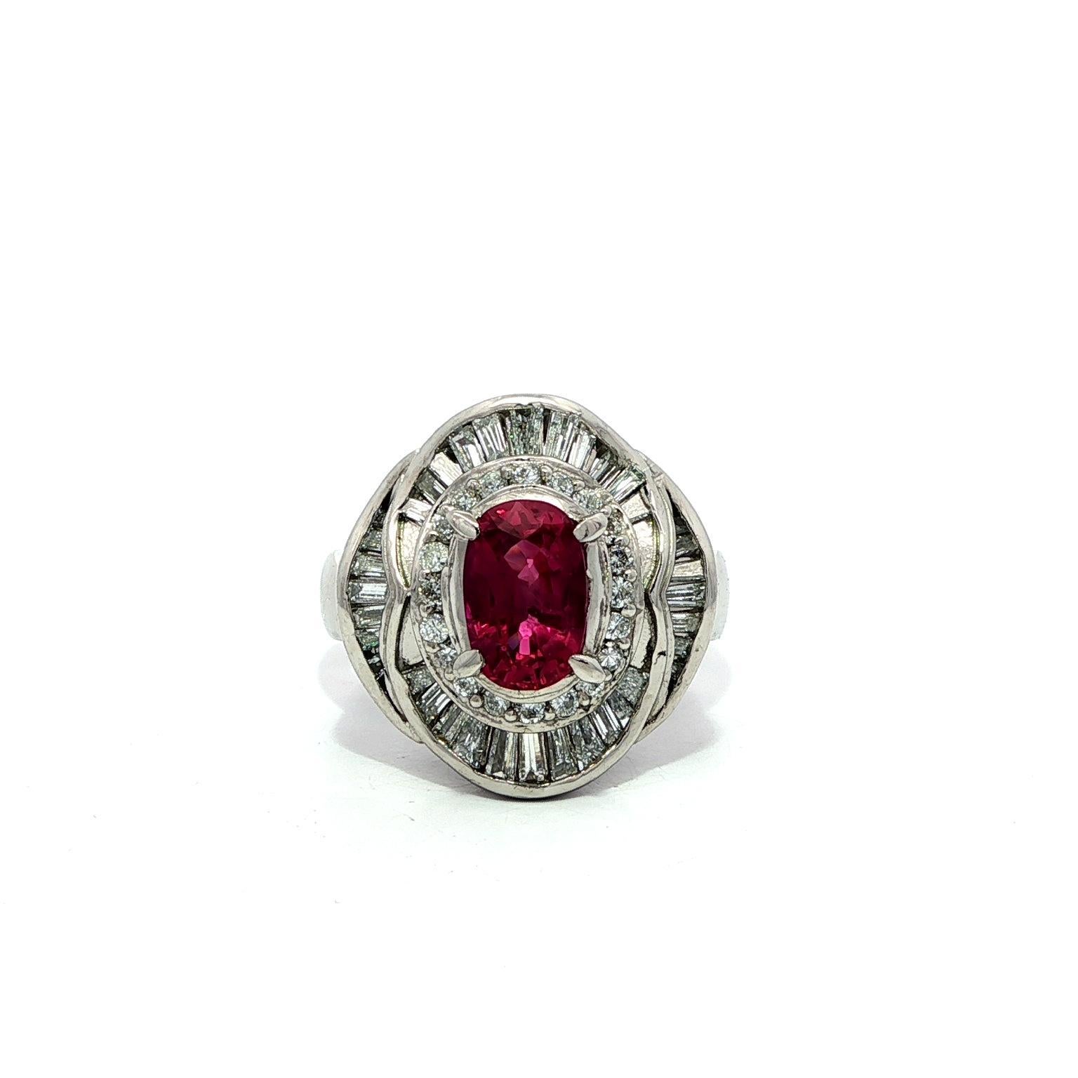 Platinum GIA 2.53ctw Oval Ruby w/ Baguette & Round Diamond Flared Ballerina Ring For Sale 7