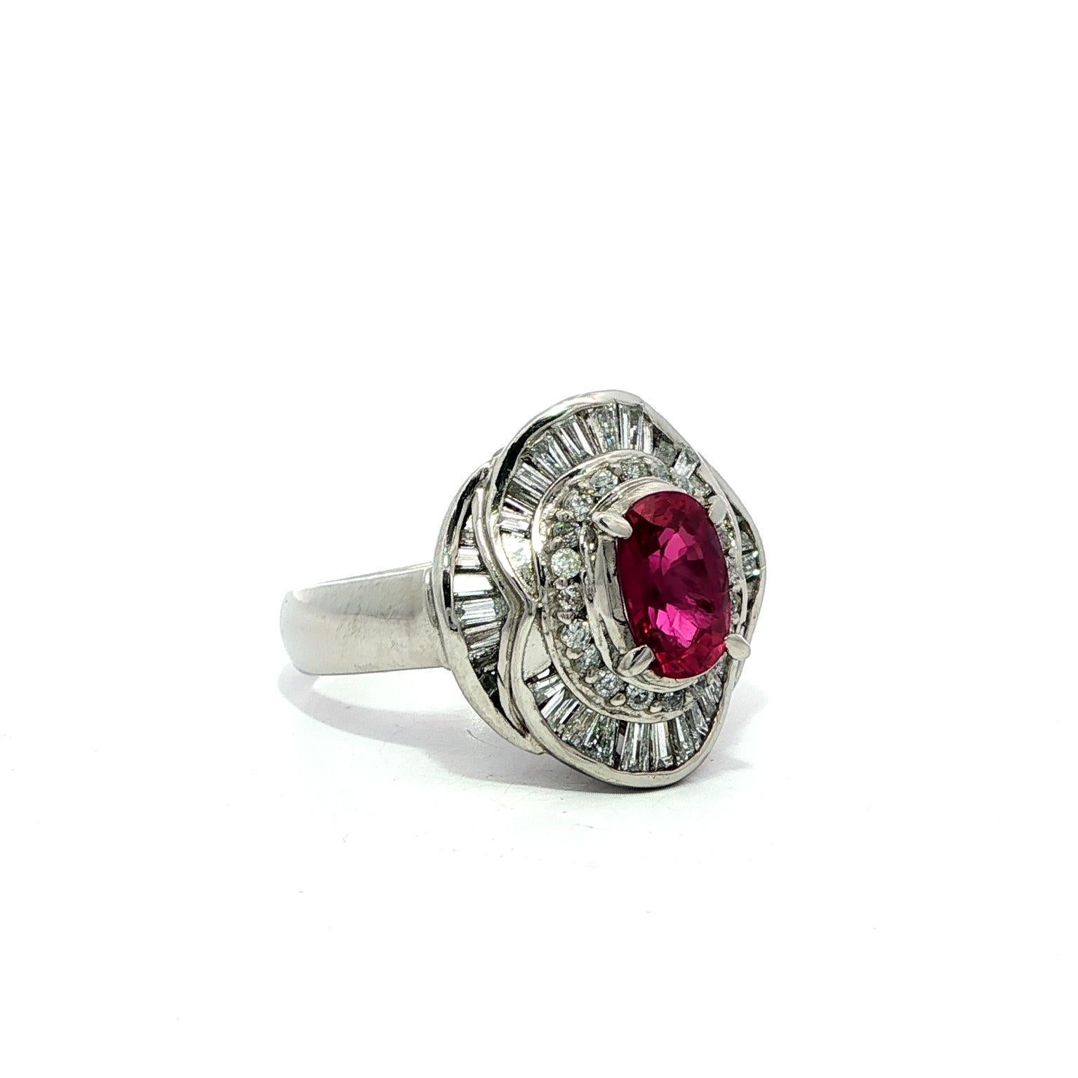 Platinum GIA 2.53ctw Oval Ruby w/ Baguette & Round Diamond Flared Ballerina Ring For Sale 8