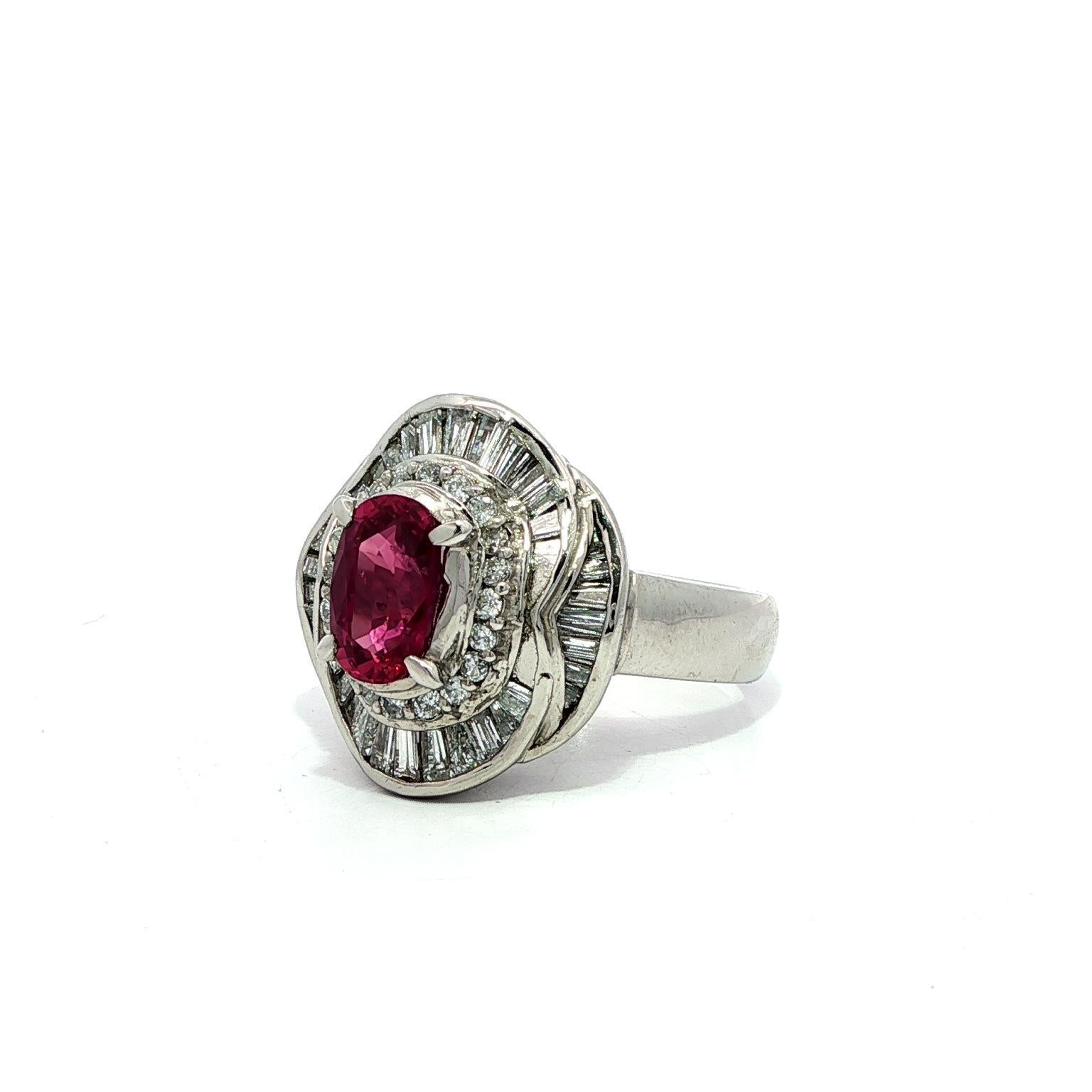 Platinum GIA 2.53ctw Oval Ruby w/ Baguette & Round Diamond Flared Ballerina Ring For Sale 9