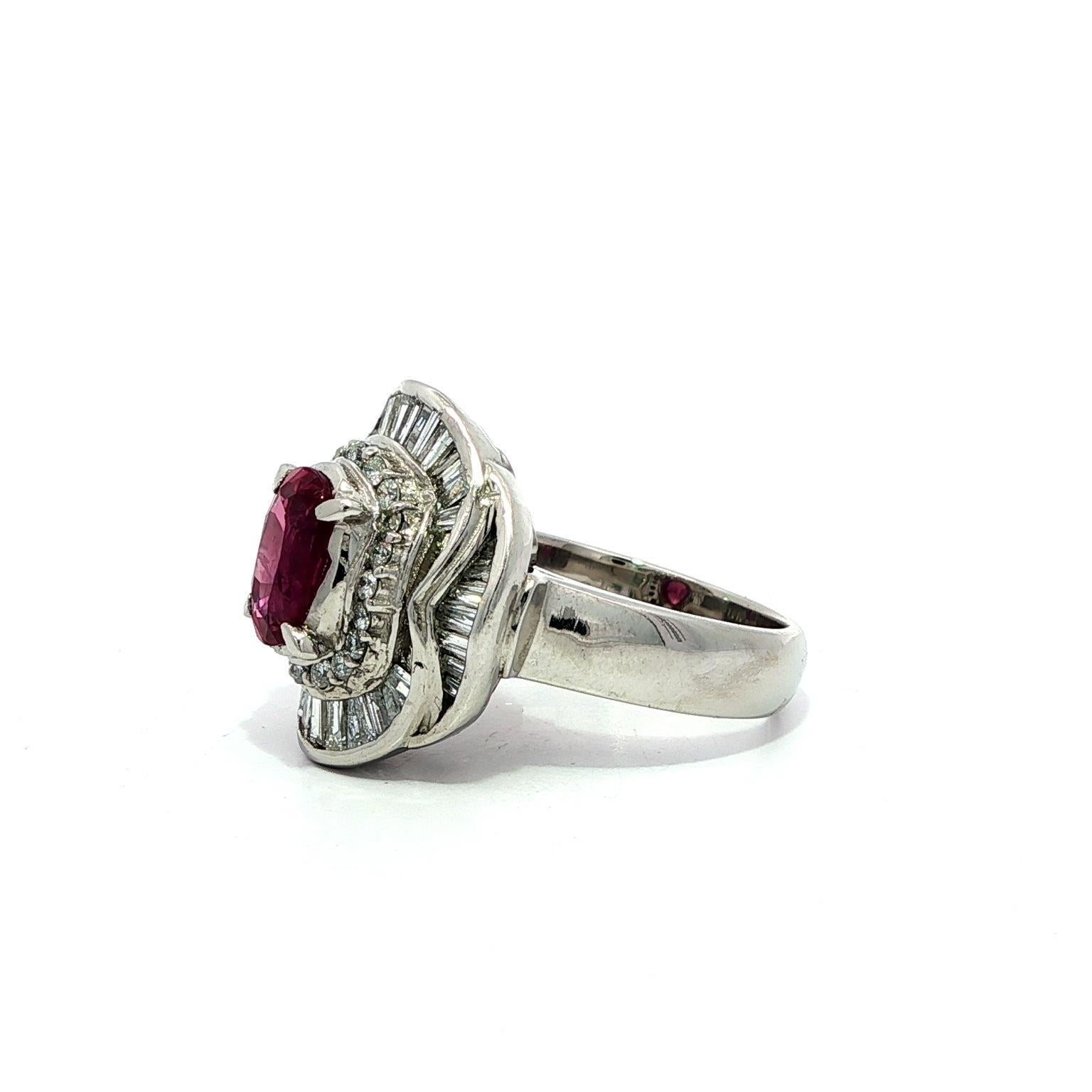 Platinum GIA 2.53ctw Oval Ruby w/ Baguette & Round Diamond Flared Ballerina Ring For Sale 10