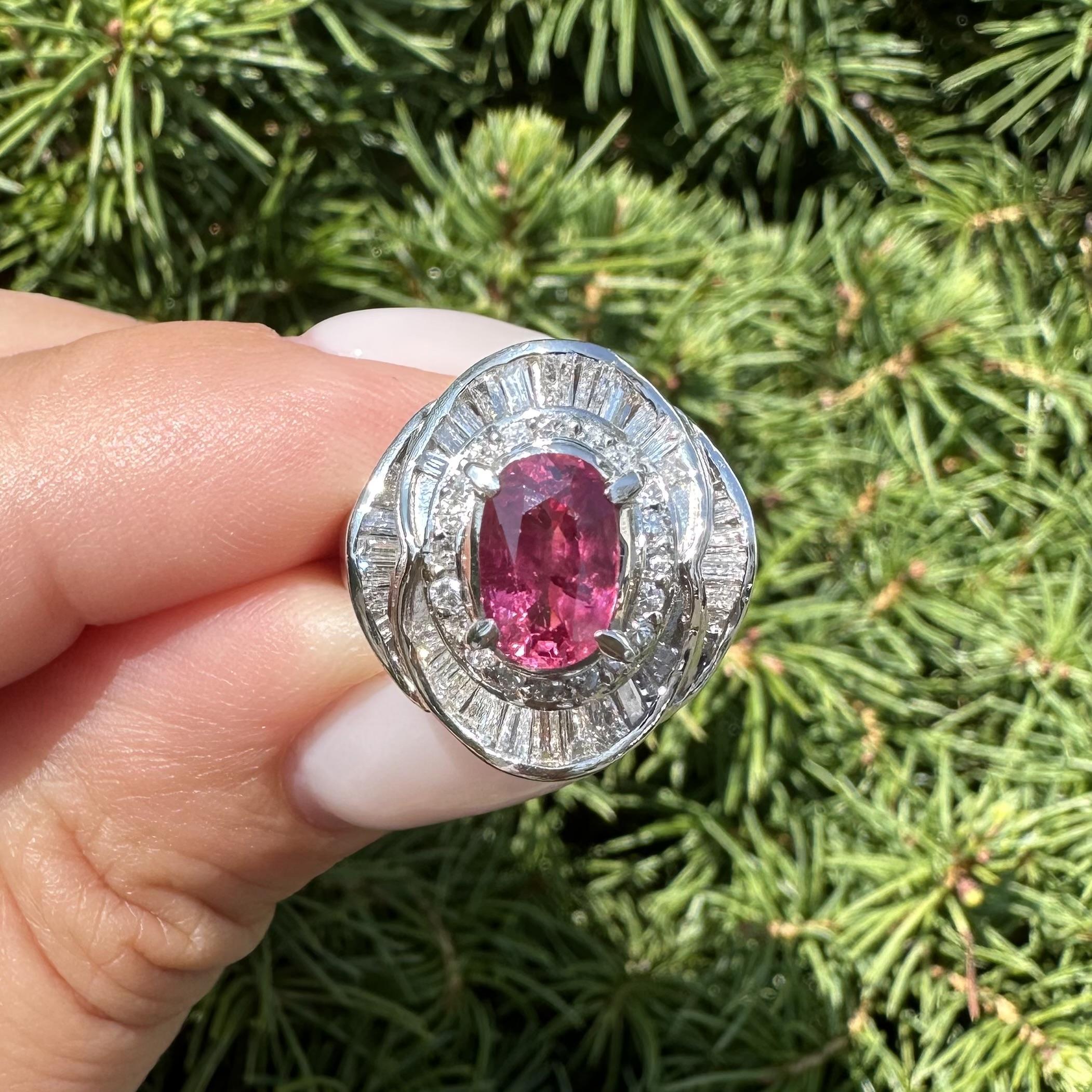 Platinum GIA 2.53ctw Oval Ruby w/ Baguette & Round Diamond Flared Ballerina Ring For Sale 11