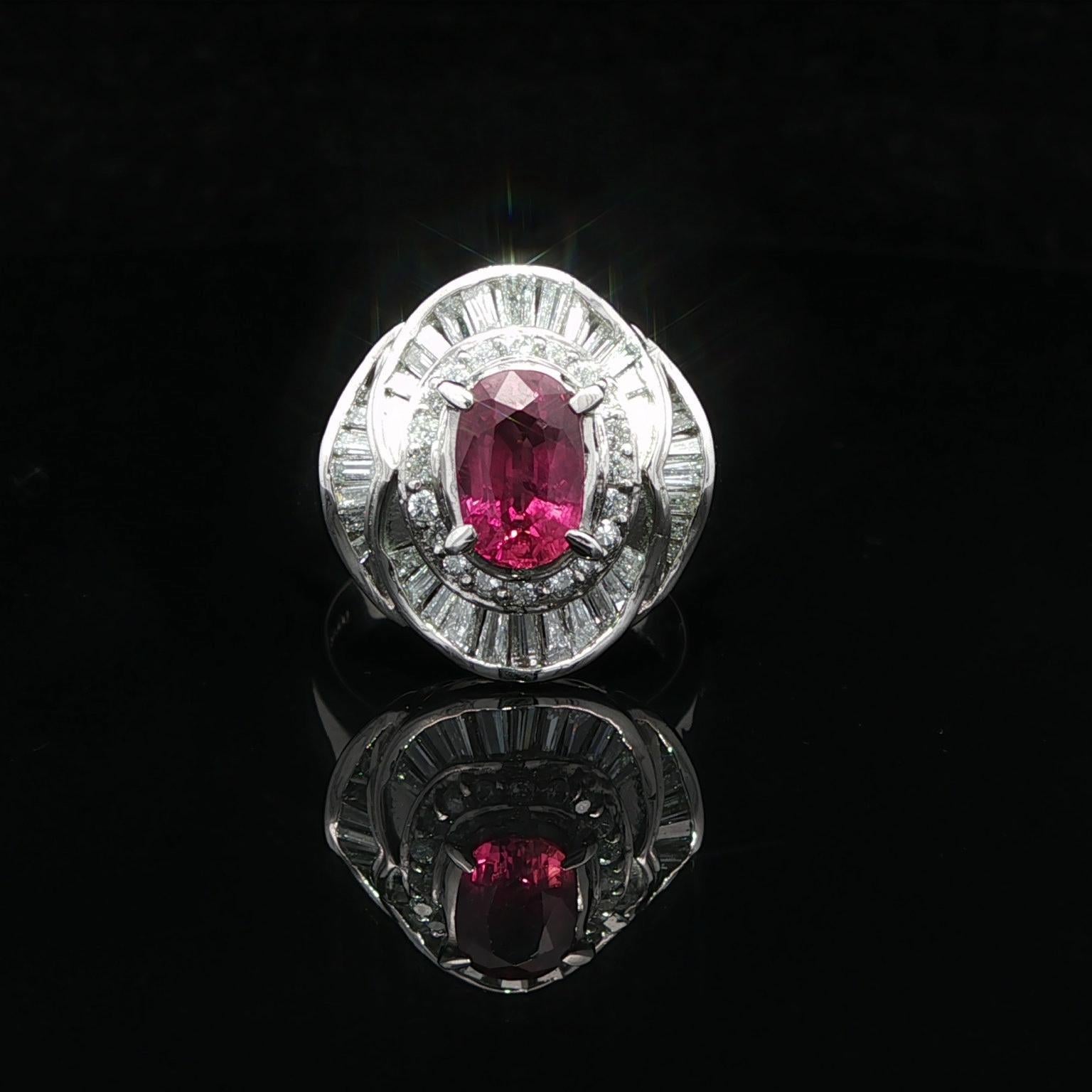 Platinum GIA 2.53ctw Oval Ruby w/ Baguette & Round Diamond Flared Ballerina Ring For Sale 12